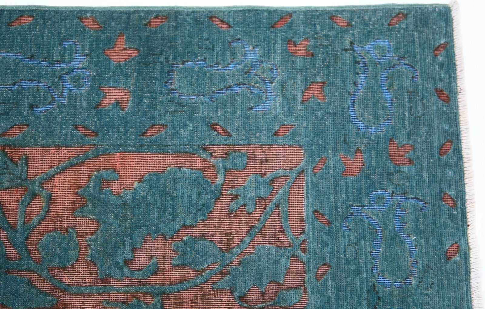 Tapis de couloir en laine noué à la main, bleu sarcelle et rose poudré, 0,82 x 2,52 m - motif floral photo vinterior