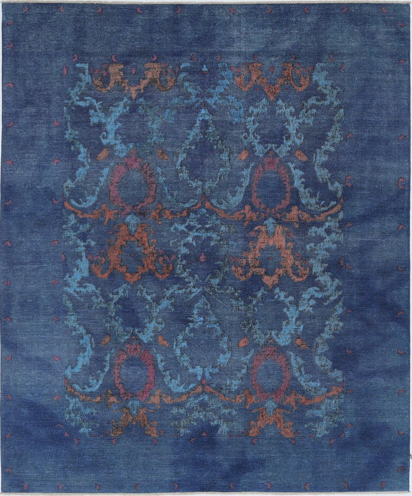 8x9.4 Ft Handmade Navy Blue, Turquoise & Rust Rug. Damask Floral Design Carpet