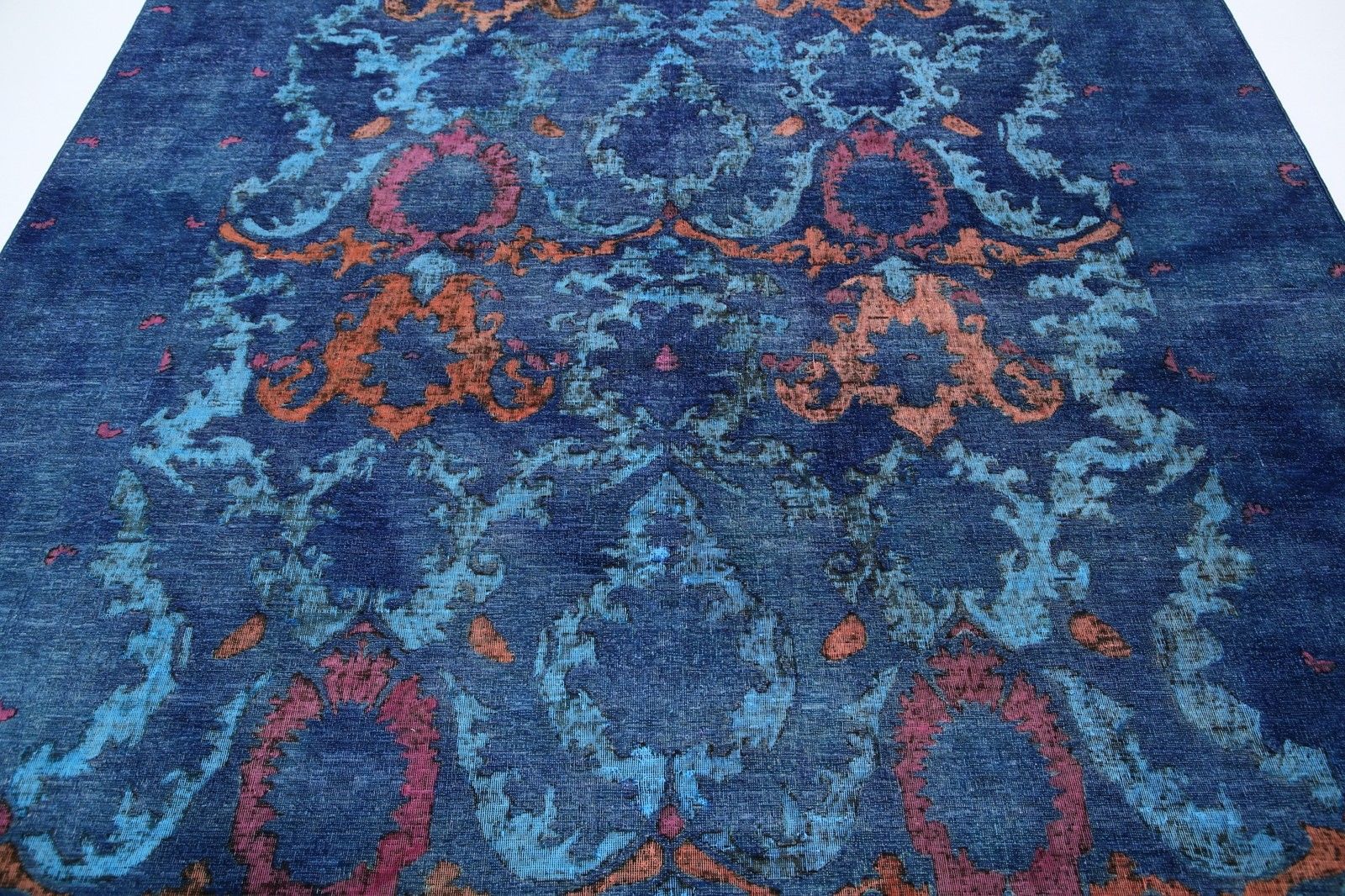 Tapis artisanal bleu marine, turquoise et rouille, 8 x 9,4 pi, motif floral Damask photo 4298.0