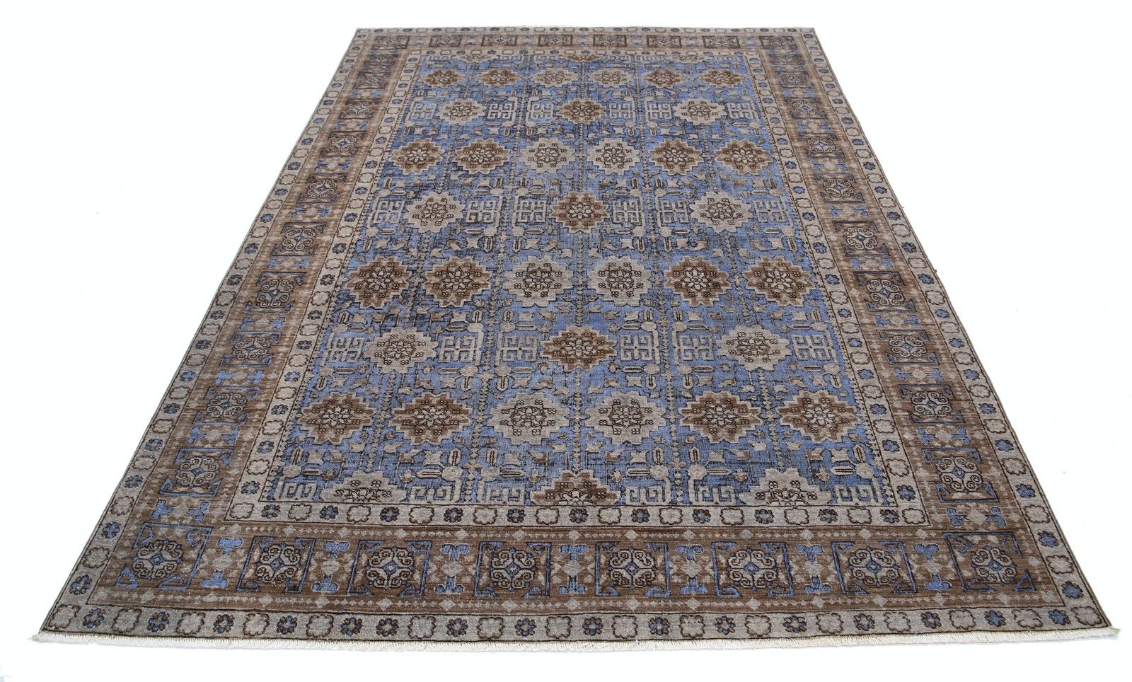 6x8.6 Ft Hand Knotted Light Blue, Taupe & Ivory Rug With Geometric Floral Design photo Textiles