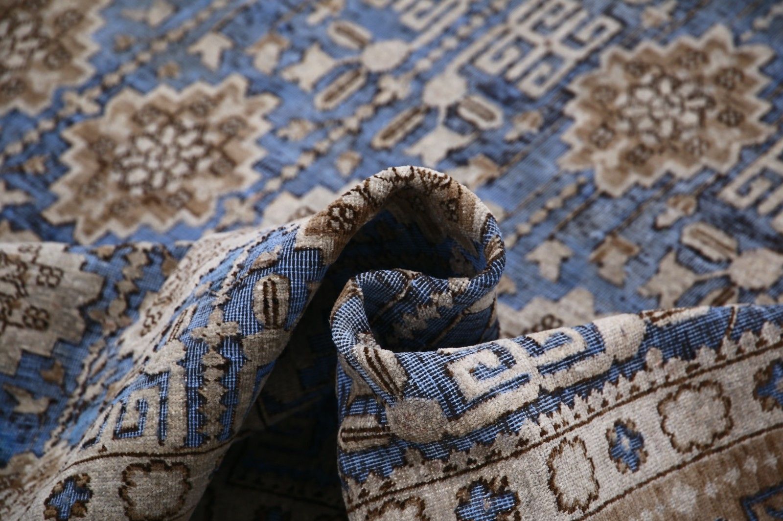 6x8.6 Ft Hand Knotted Light Blue, Taupe & Ivory Rug With Geometric Floral Design photo buy