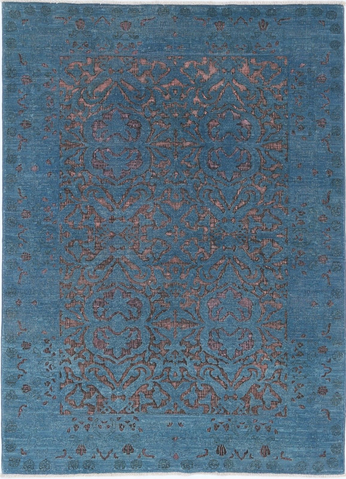 4x5.6 Ft Hand Knotted Teal Blue And Plum Wool Rug. Ornamental Geometric Design