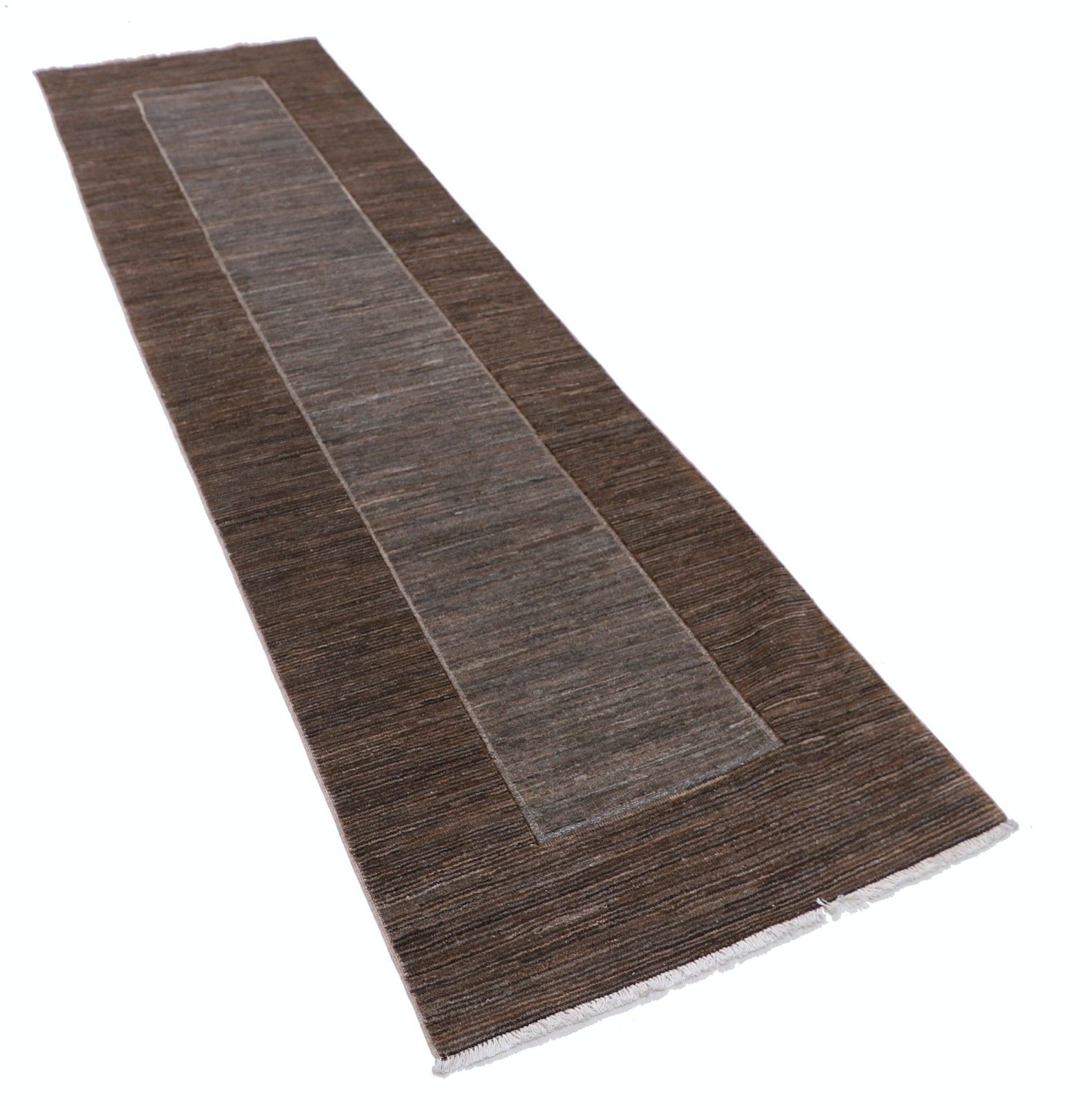 2.7x9.7 Ft Hand Knotted Brown And Gray Runner Rug. Modern Minimalist Hallway Rug photo furniture