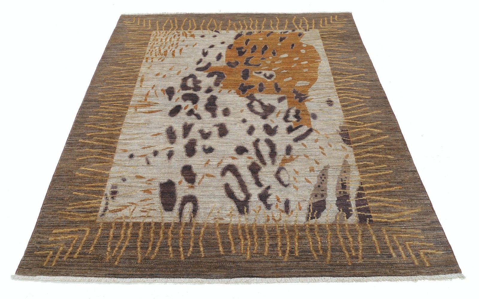 5x6.3 Ft Hand Knotted Brown, Beige And Mustard Area Rug. Abstract Design Carpet photo Textiles