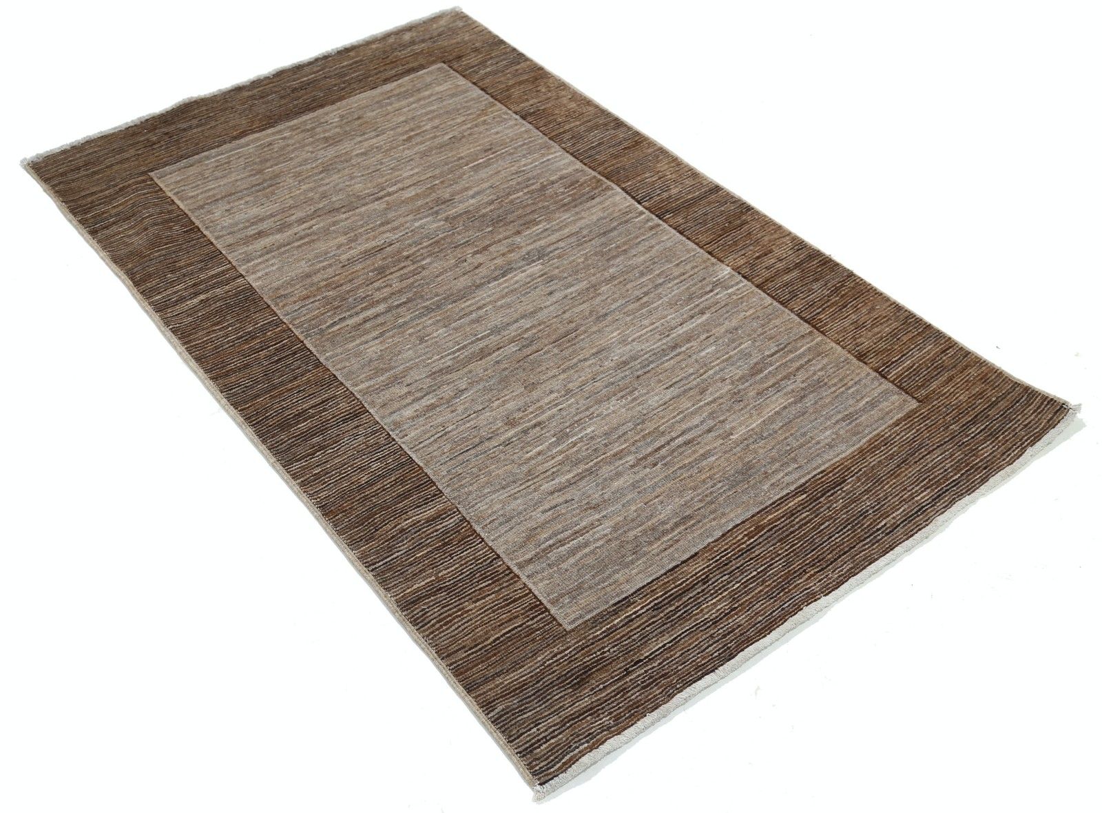 3.3x5 Ft Hand Knotted Brown And Taupe Small Area Rug With Minimal Border Design photo furniture