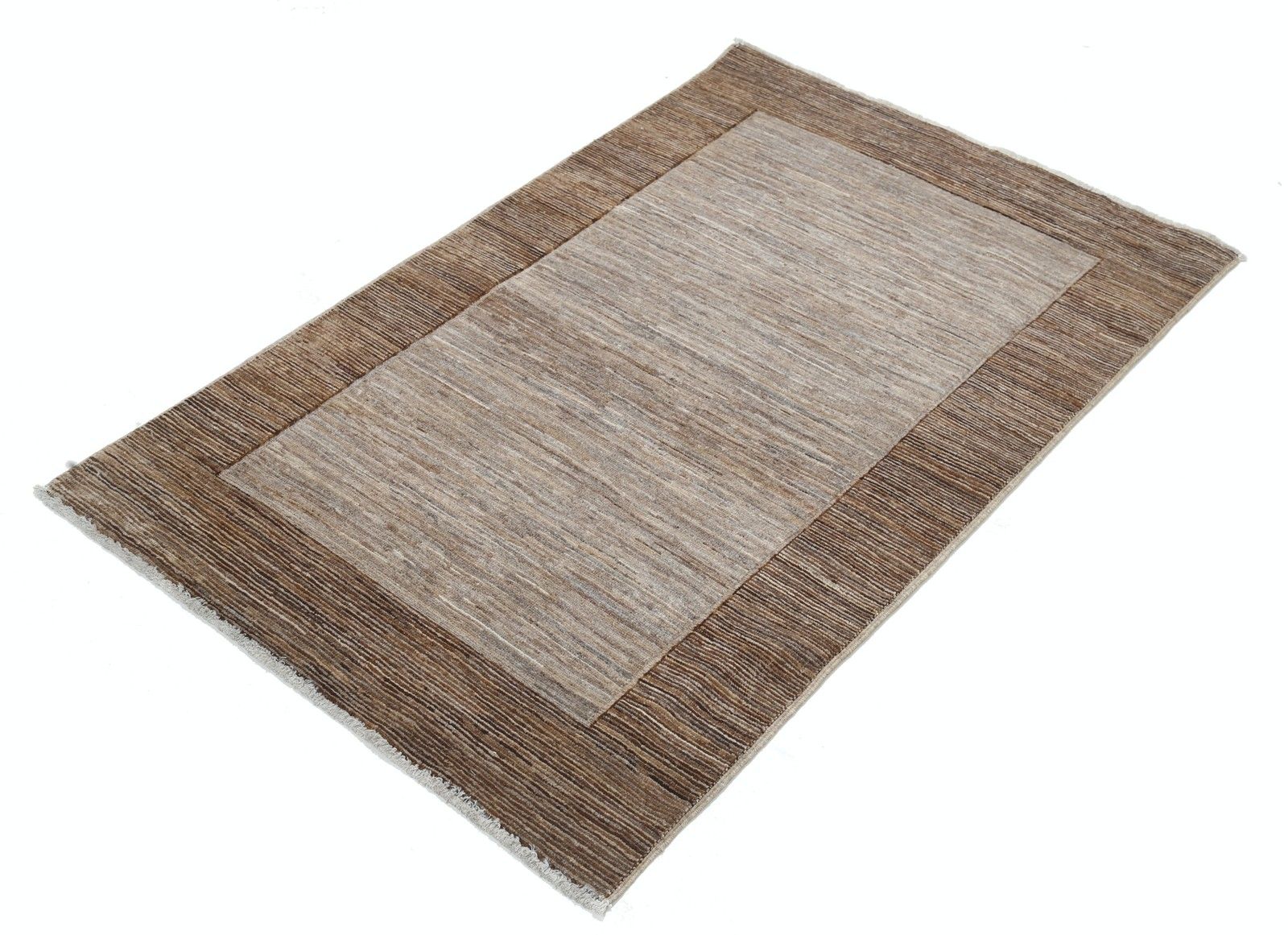 Handgeknoopt Bruin en Taupe Vloerkleed 100 x 153 cm met Minimalistisch Randmotief photo for sale