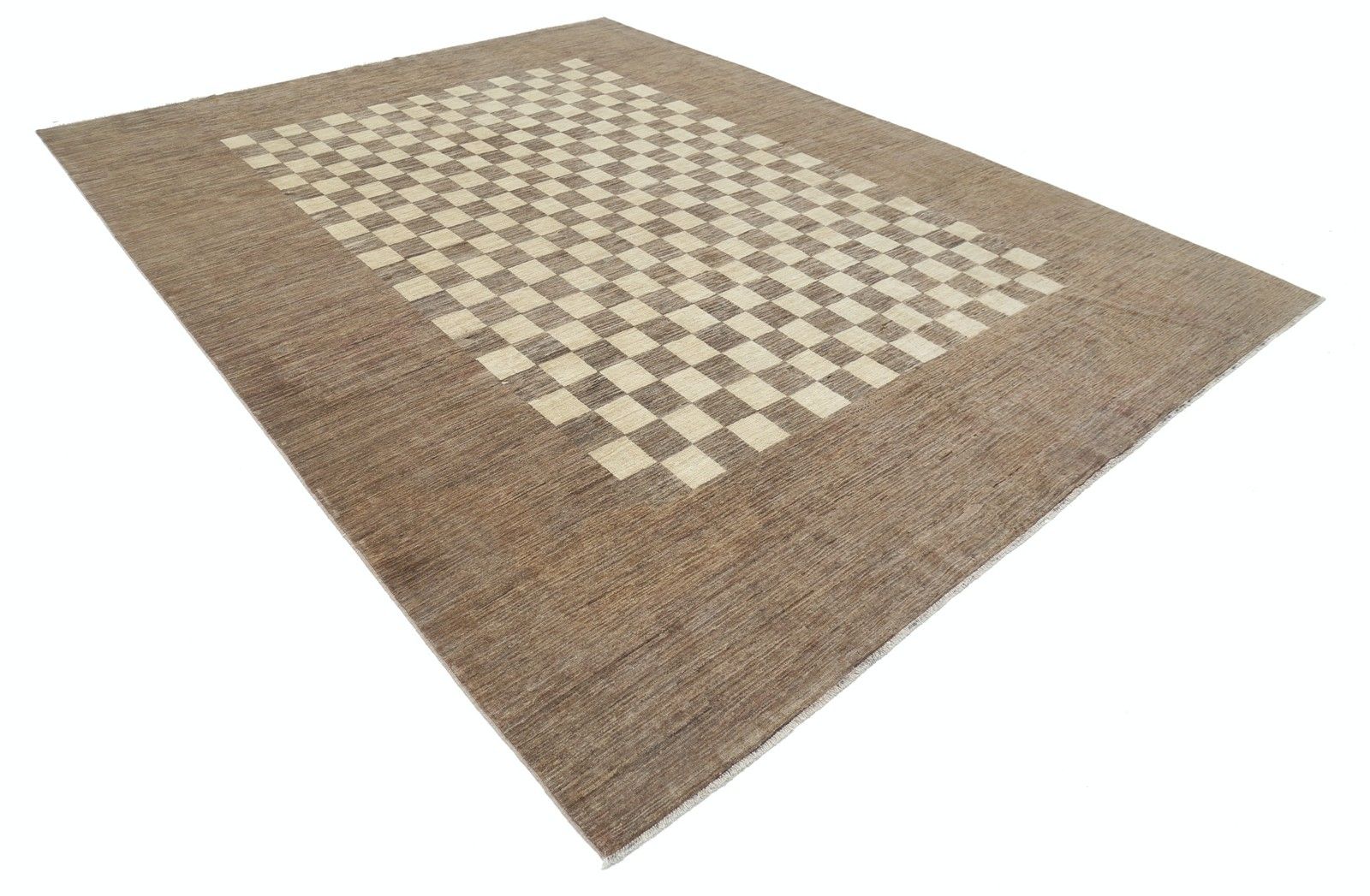 9x11,7 ft Handgemaakt Bruin en Ivoor Vloerkleed. Geblokt Geometrisch Dessin Tapijt photo furniture