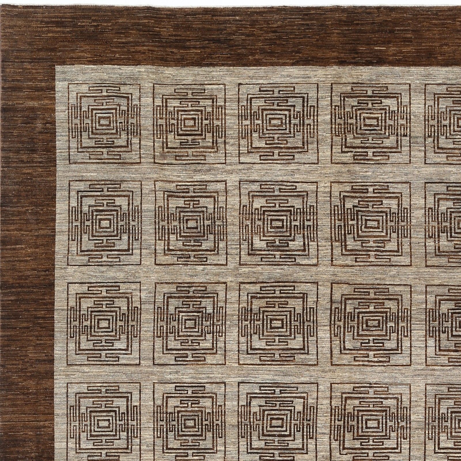 Tapis noué à la main, marron et beige, 9,5 x 13 ft. Motif géométrique à carrés photo buy