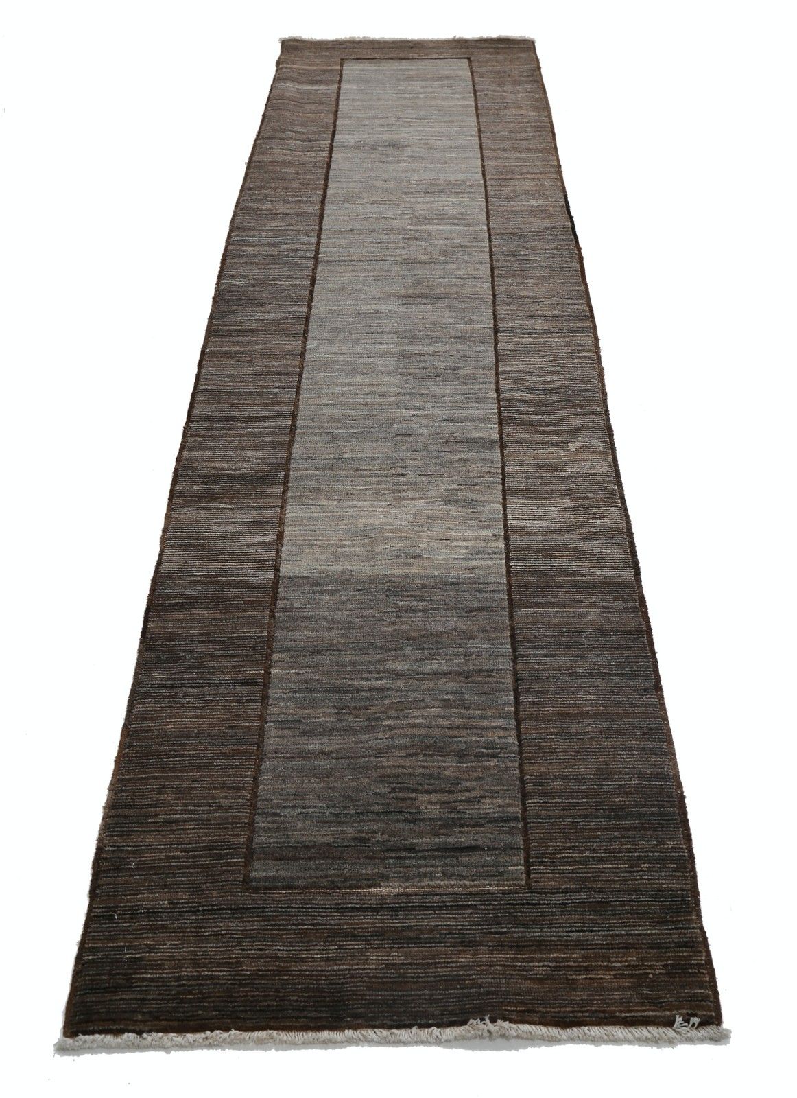 2.6x10.5 Ft Hand Knotted Brown, Gray Runner Rug. Modern Minimalist Hallway Rug photo furniture