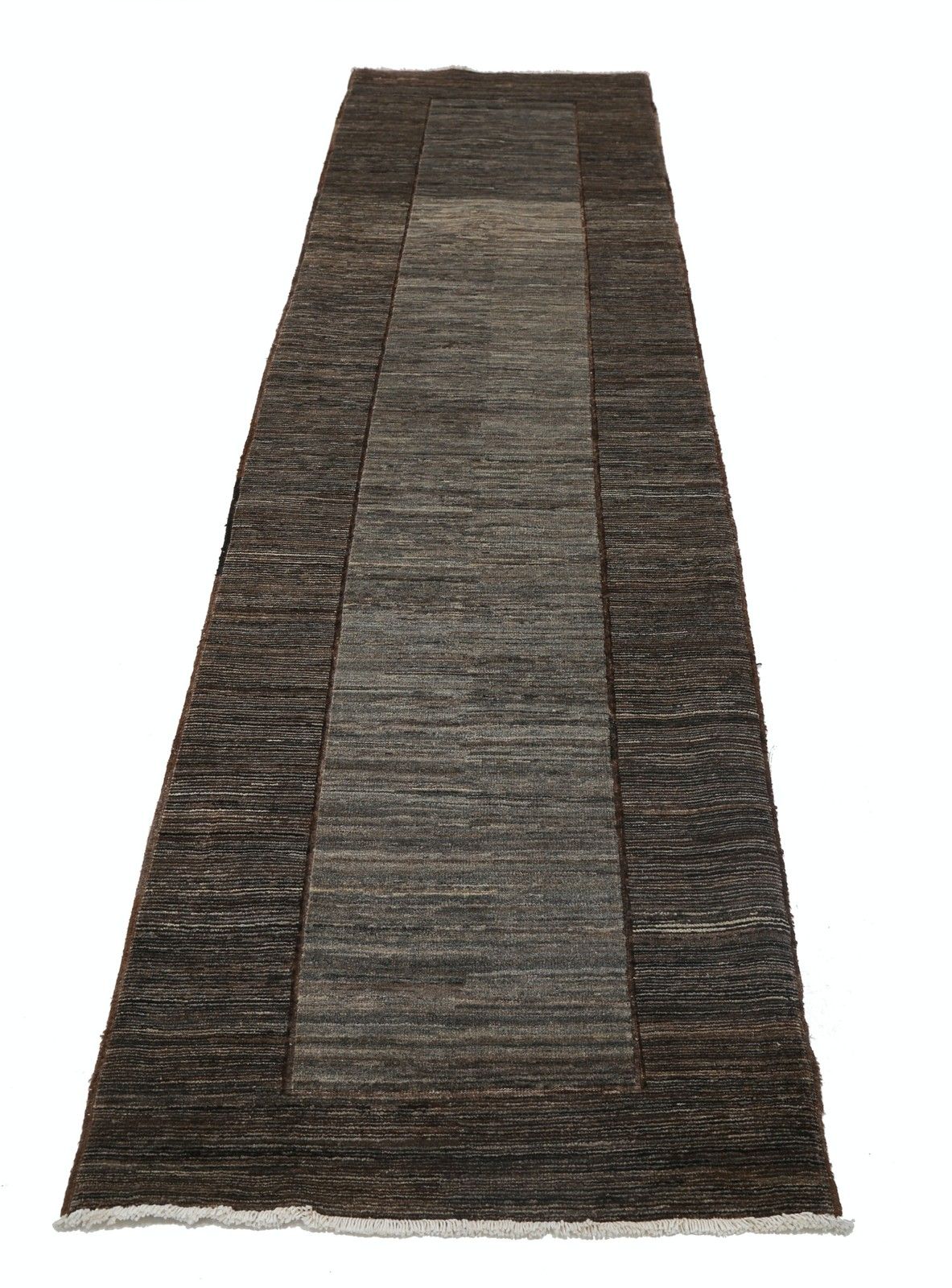 2.6x10.5 Ft Hand Knotted Brown, Gray Runner Rug. Modern Minimalist Hallway Rug photo for sale
