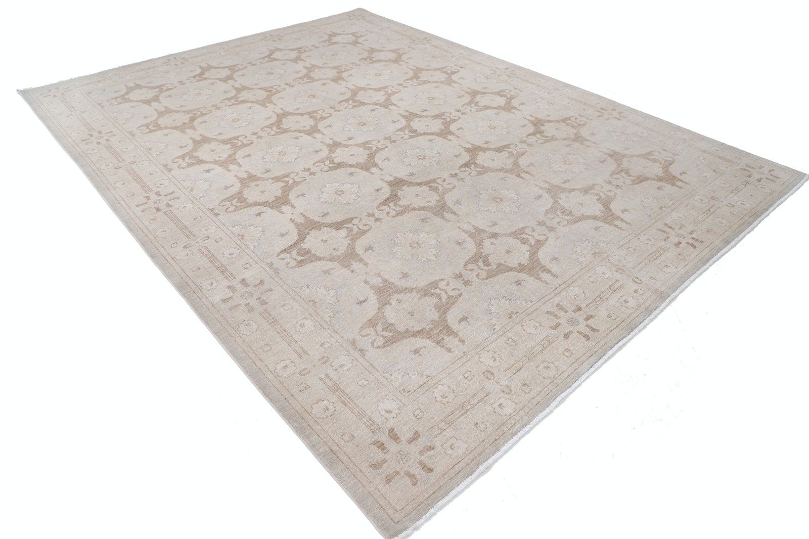 Handgeknoopt beige en taupe vloerkleed, 9x12 ft. Tapijt met herhalend bloemmotief en medaillon photo furniture