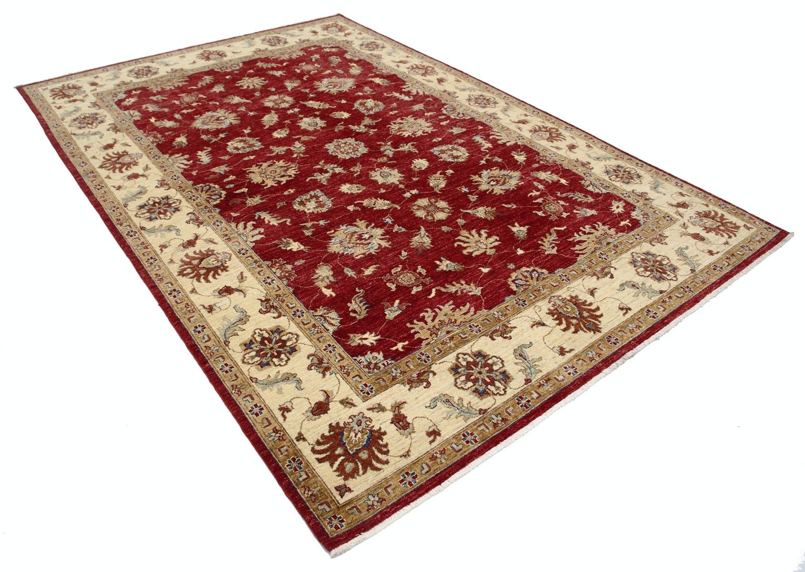 6,7 x 9,7 ft Handgeknoopt Bloemen Vloerkleed met Rood Fond en Beige Rand photo furniture
