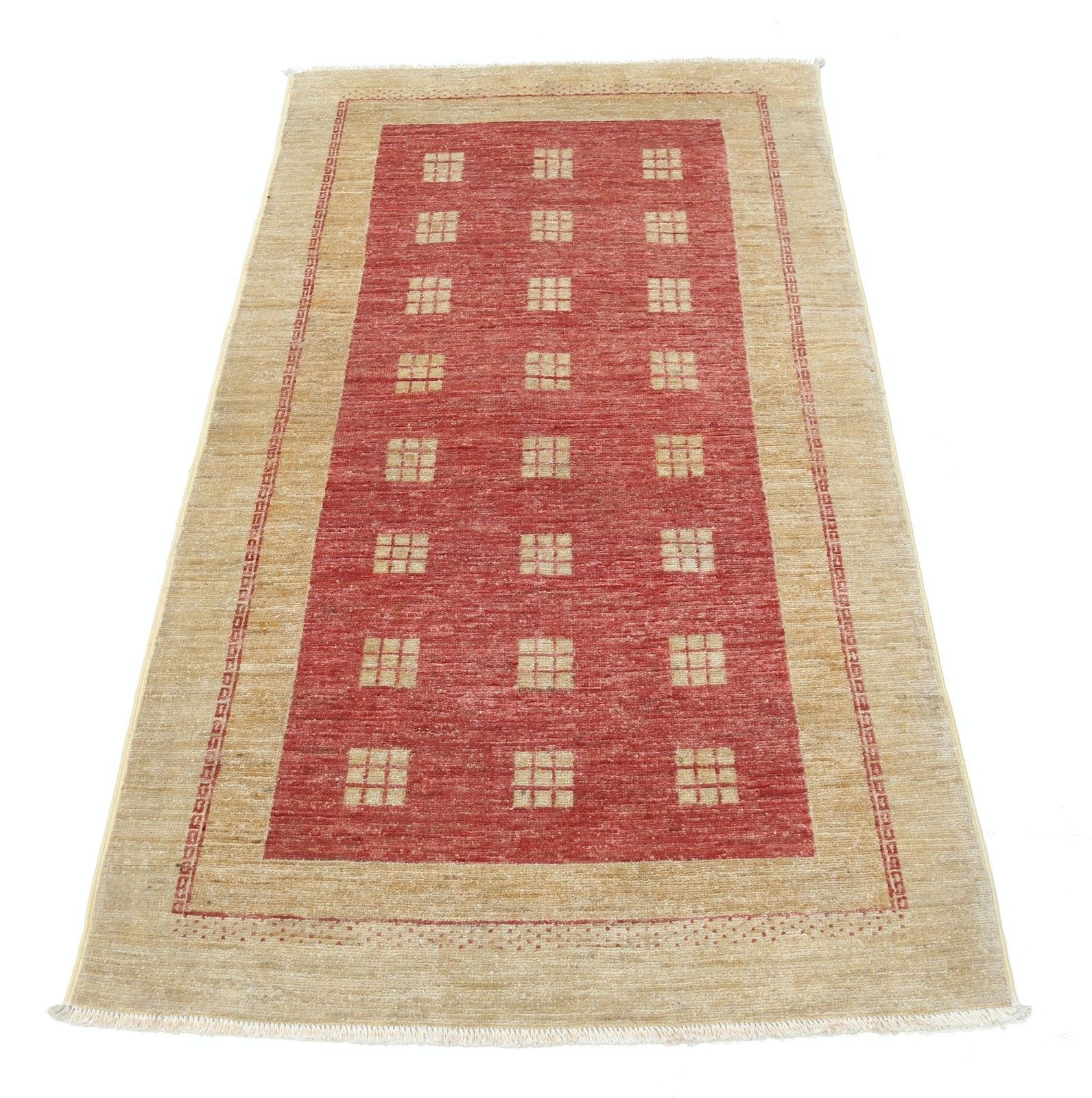 3x5.3 Ft Hand Knotted Gold And Red Wool Area Rug. Geometric Pattern Accent Rug photo Textiles
