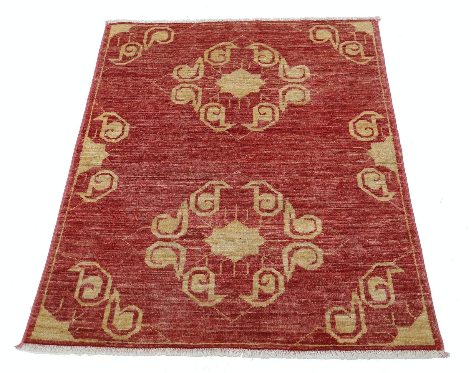 Tapis noué à la main 84 x 112 cm, rouge et or, médaillon ornemental, 100 % laine photo Textiles