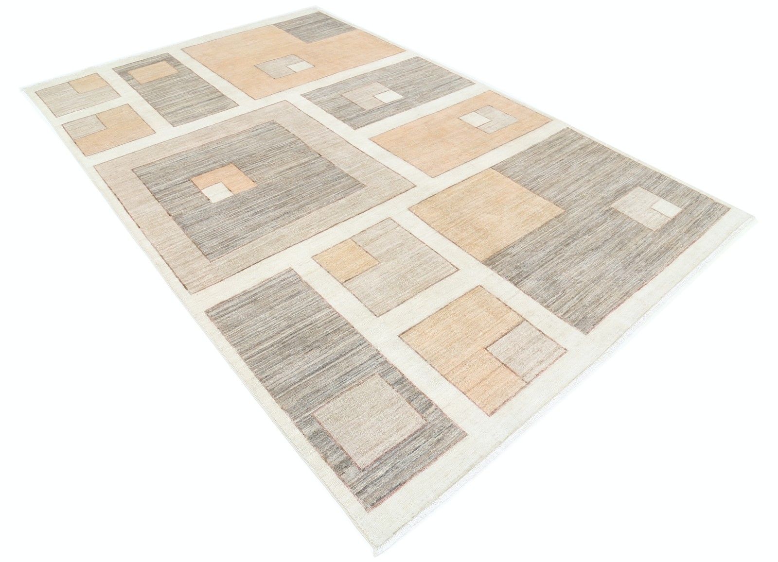 Tapis en laine noué à la main, beige et gris, motif géométrique abstrait - 1 x 1,35 m photo furniture