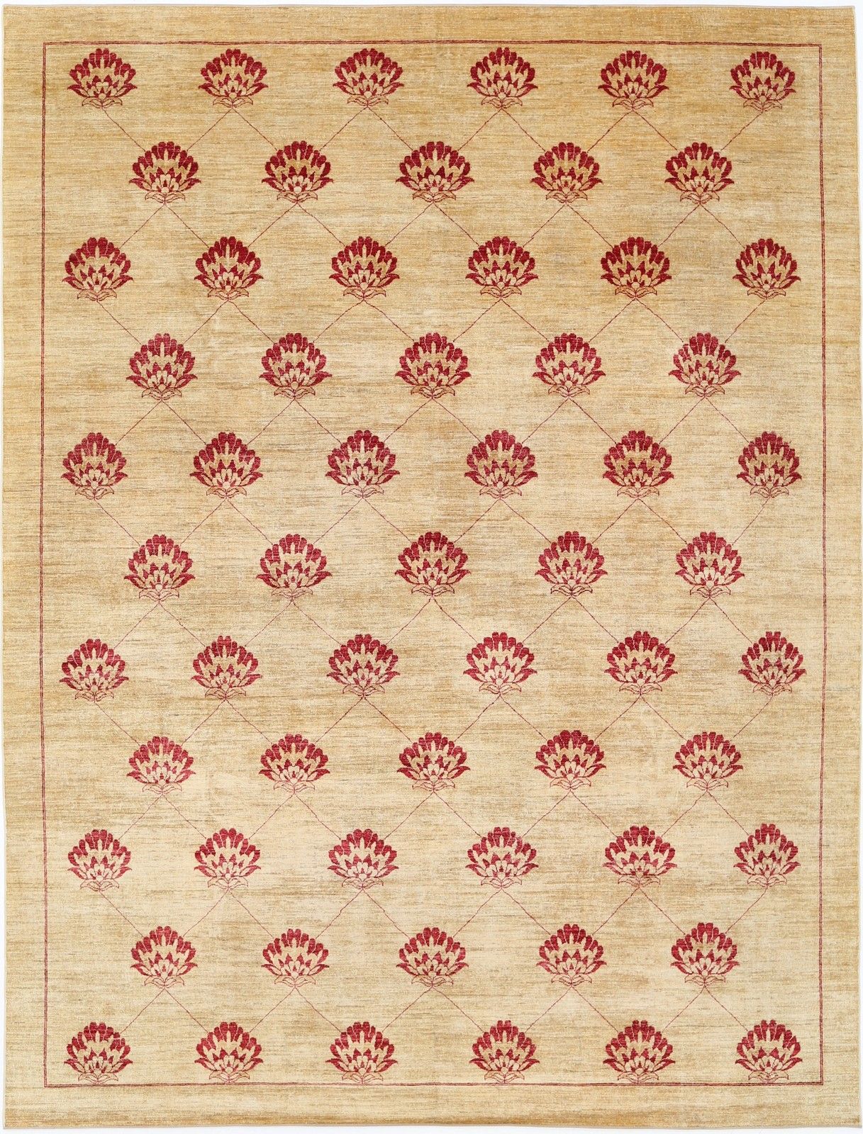 9.7x13 Ft Handmade Beige And Red Wool Area Rug. Repeating Floral Design Carpet