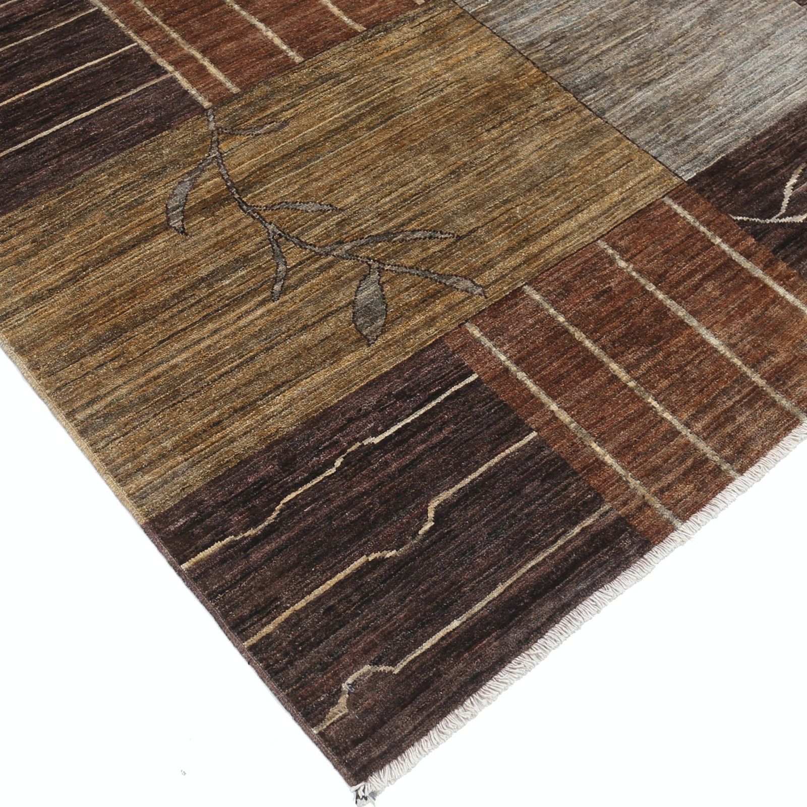 Tapis artisanal 5,7 x 7,5 ft, marron, beige et gris, motif botanique géométrique abstrait photo vinterior