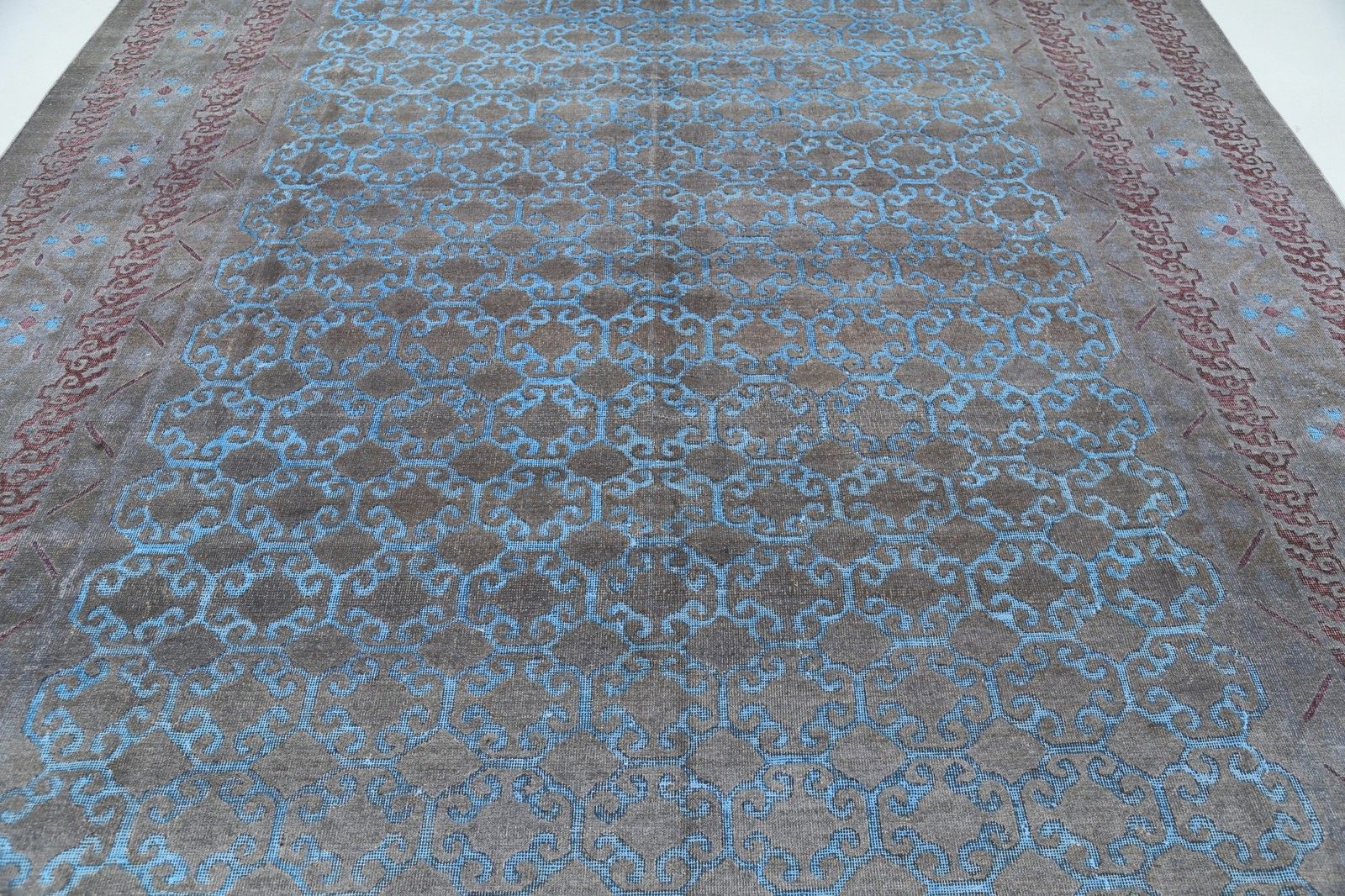9.4x13 Ft Handmade Gray, Blue & Lavender Rug. Trellis Geometric Design Carpet photo for sale