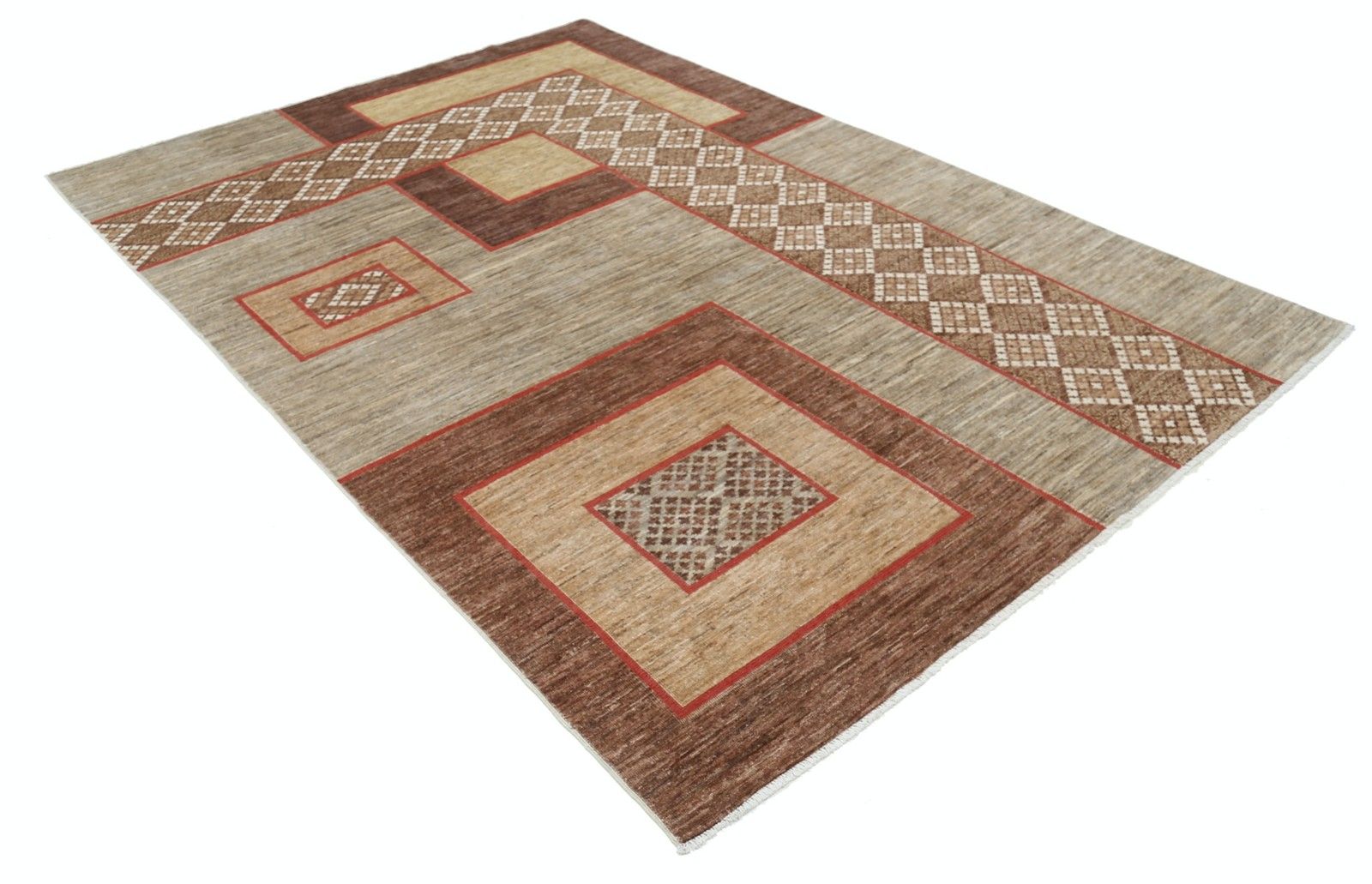 Tapis de sol fait main beige, marron et rouge à motif géométrique abstrait, 200 x 285 cm photo furniture
