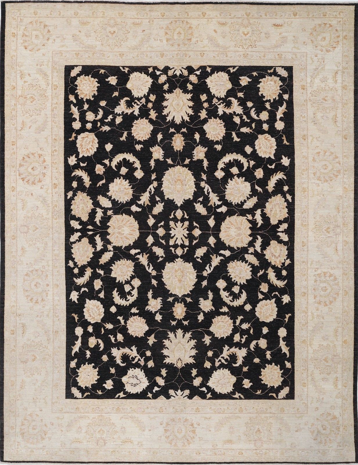 8.7x11.4 Ft Hand Knotted Floral Oushak Wool Large Area Rug In Black And Beige