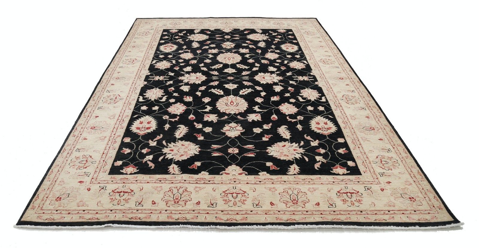 Handgeknoopt Bloemmotief Groot Vloerkleed 2,07 x 2,97 m met Zwart Veld en Beige Rand photo Textiel