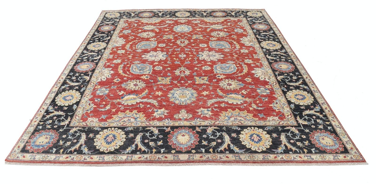 Tapis en laine noué à la main, rouge, bleu marine et beige, 2,47 x 2,88 m. Tapis traditionnel à motifs floraux photo Textiles