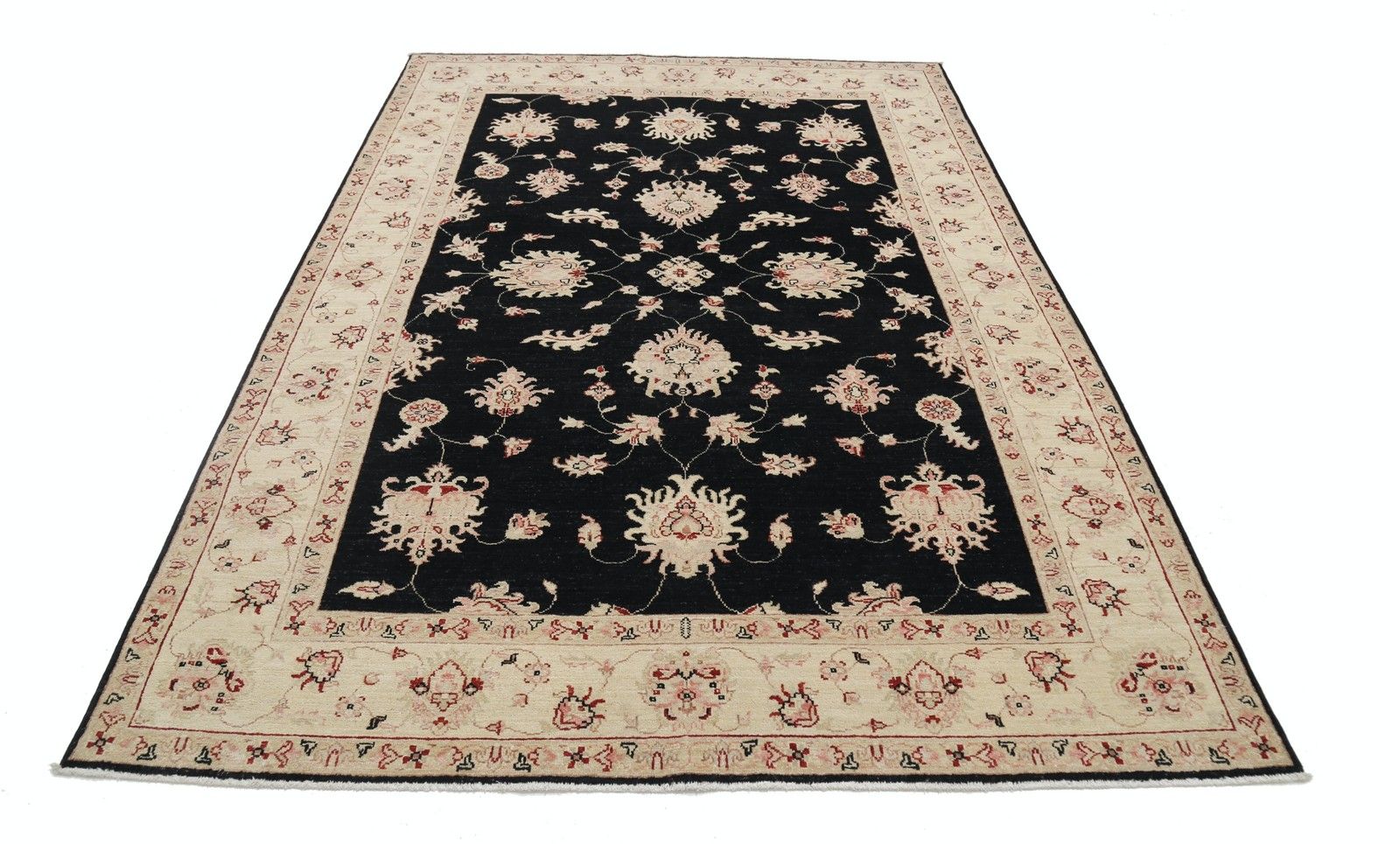 5.7x8 Ft Hand Knotted Floral Oushak Area Rug With Black Field And Beige Border photo for sale