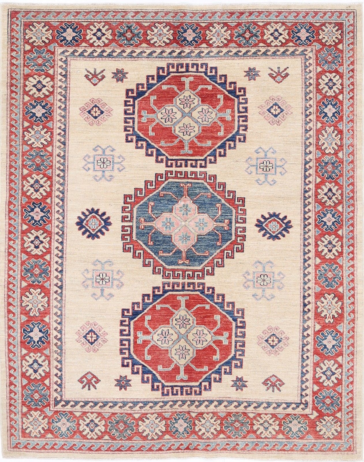 5x6.2 Ft Hand Knotted Beige, Red And Blue Area Rug. Tribal Medallion Accent Rug