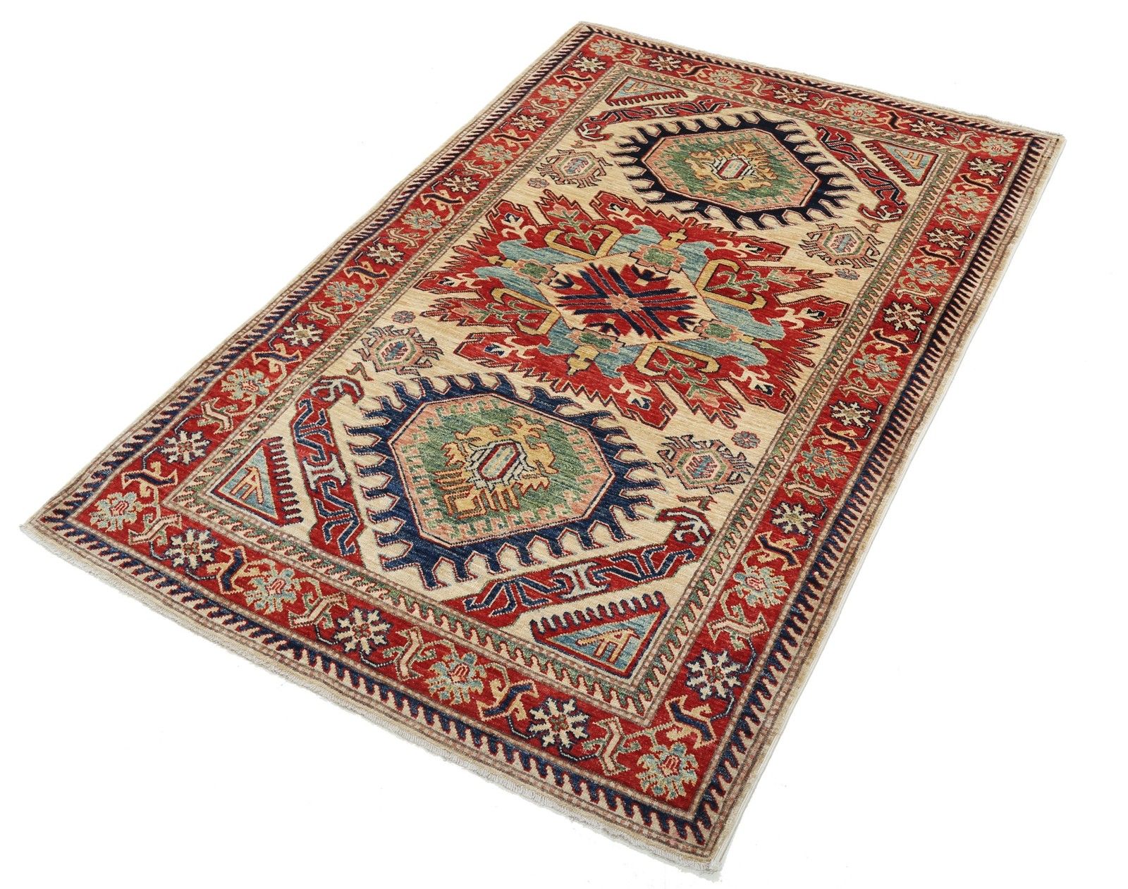 4,2x6 Ft Handgeknoopt Beige, Rood en Lichtblauw Vloerkleed met Medaillondesign photo for sale