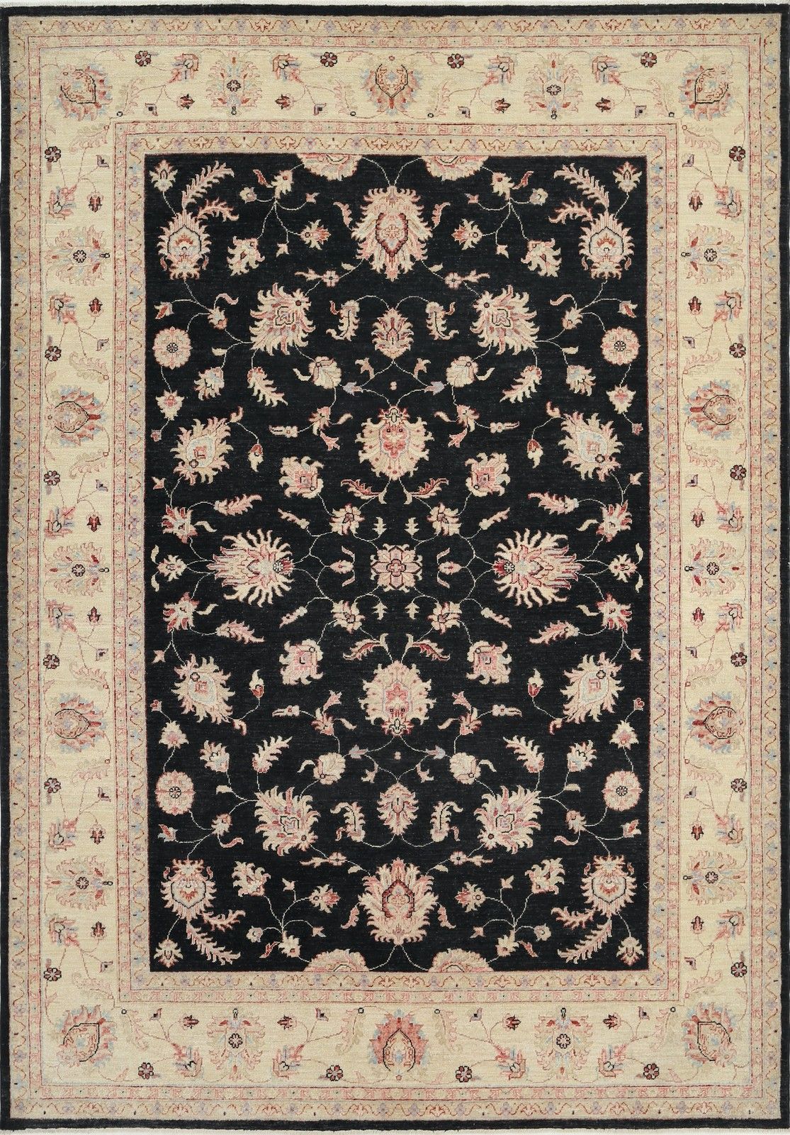 6,8 x 9,7 ft handgeknoopt bloemmotief Oushak-vloerkleed met zwart veld en beige rand. 100% wol
