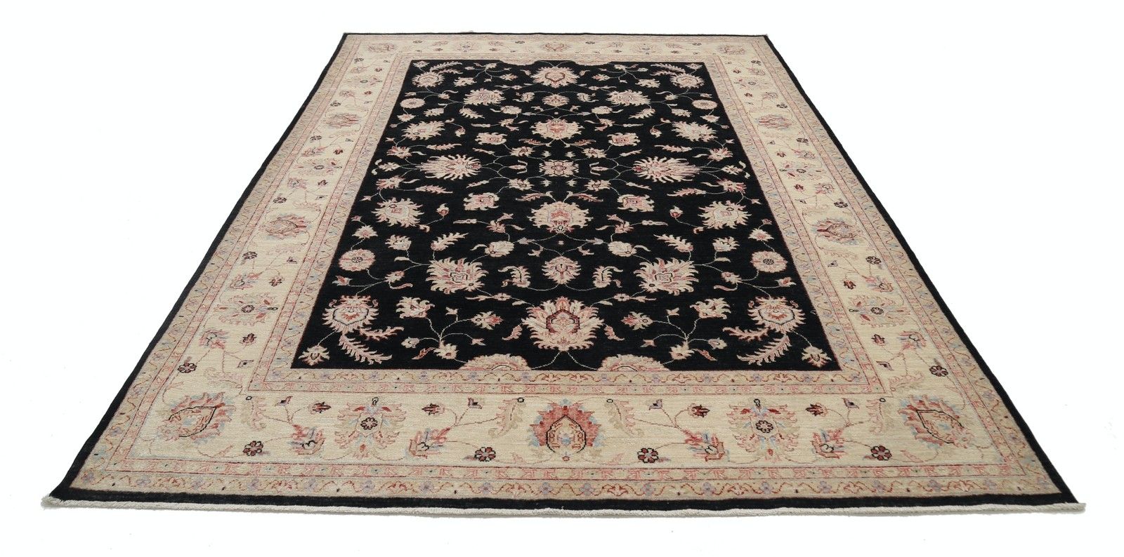 6,8 x 9,7 ft handgeknoopt bloemmotief Oushak-vloerkleed met zwart veld en beige rand. 100% wol photo Textiel