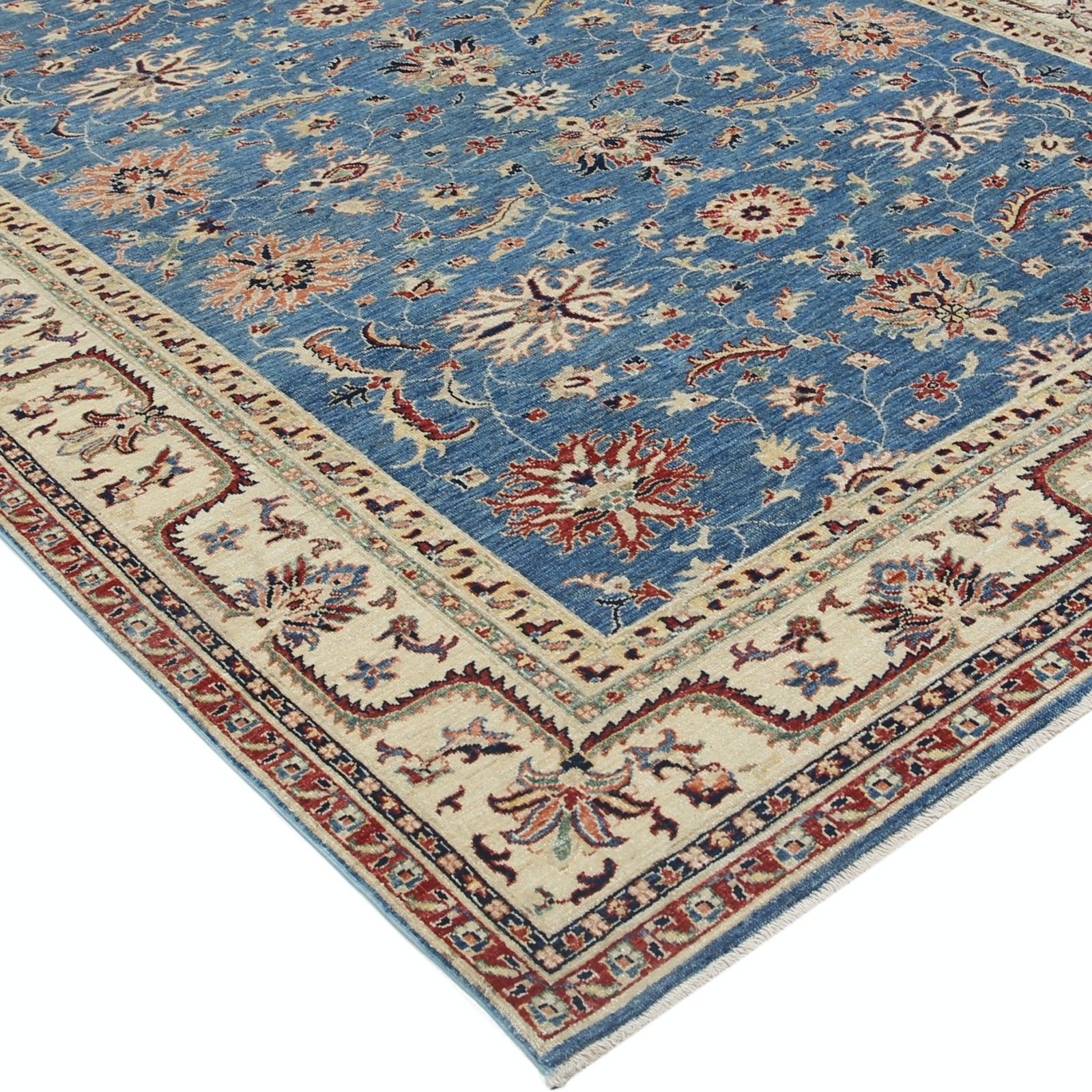 6.8x9.3 Ft Hand Knotted Floral Area Rug With Blue Field And Beige Border photo buy