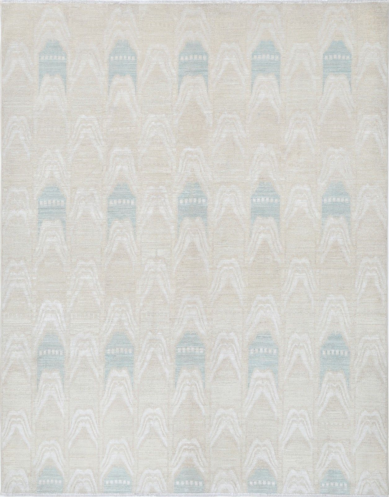 Tapis en laine noué à la main, bleu clair et beige, motif géométrique - 5,8 x 7,5 ft