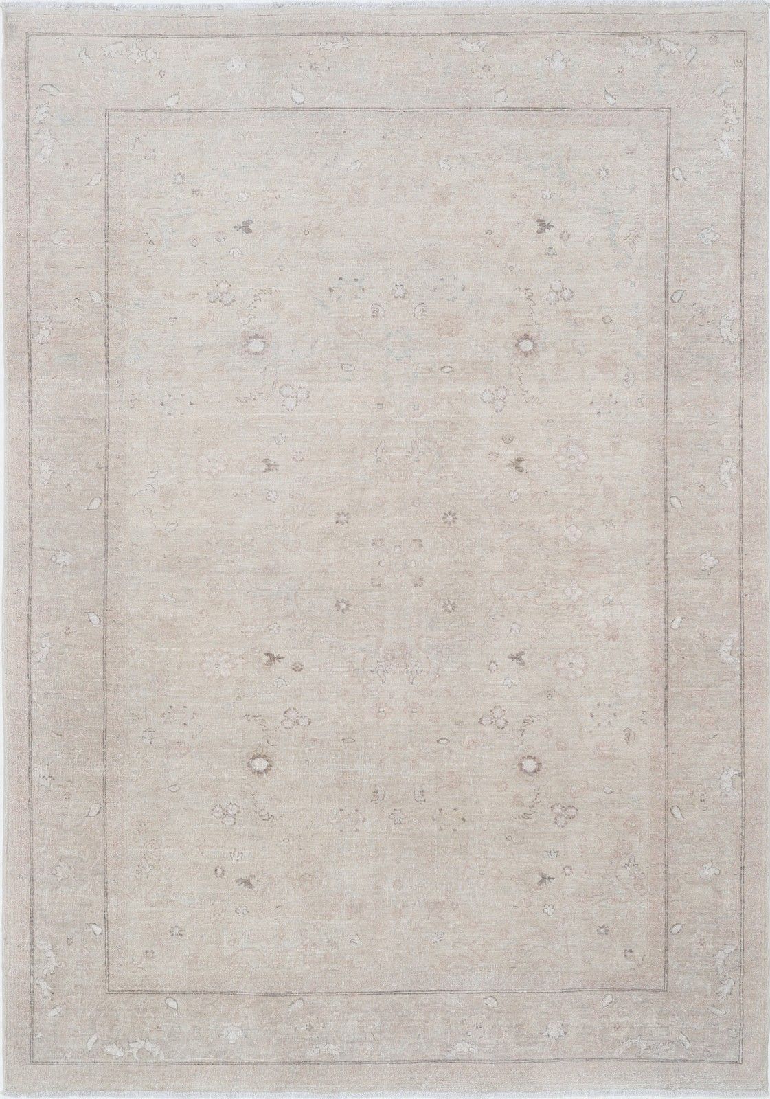 6x8.6 Ft Hand Knotted Beige, Blush Wool Rug. Soft Toned Floral Pattern Carpet