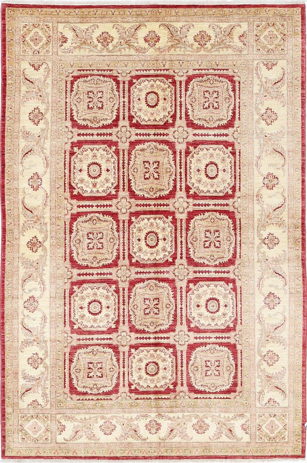 5.7x8.6 Ft Hand Knotted Red, Beige Wool Rug. Geometric Floral Pattern Carpet