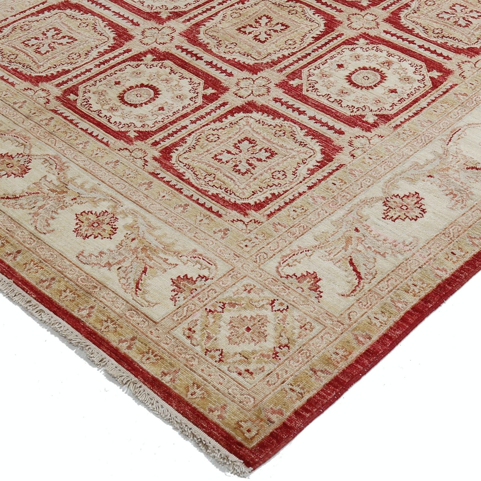 Tapis en laine noué à la main, rouge et beige, motif géométrique floral - 1,71 x 2,62 m photo vinterior