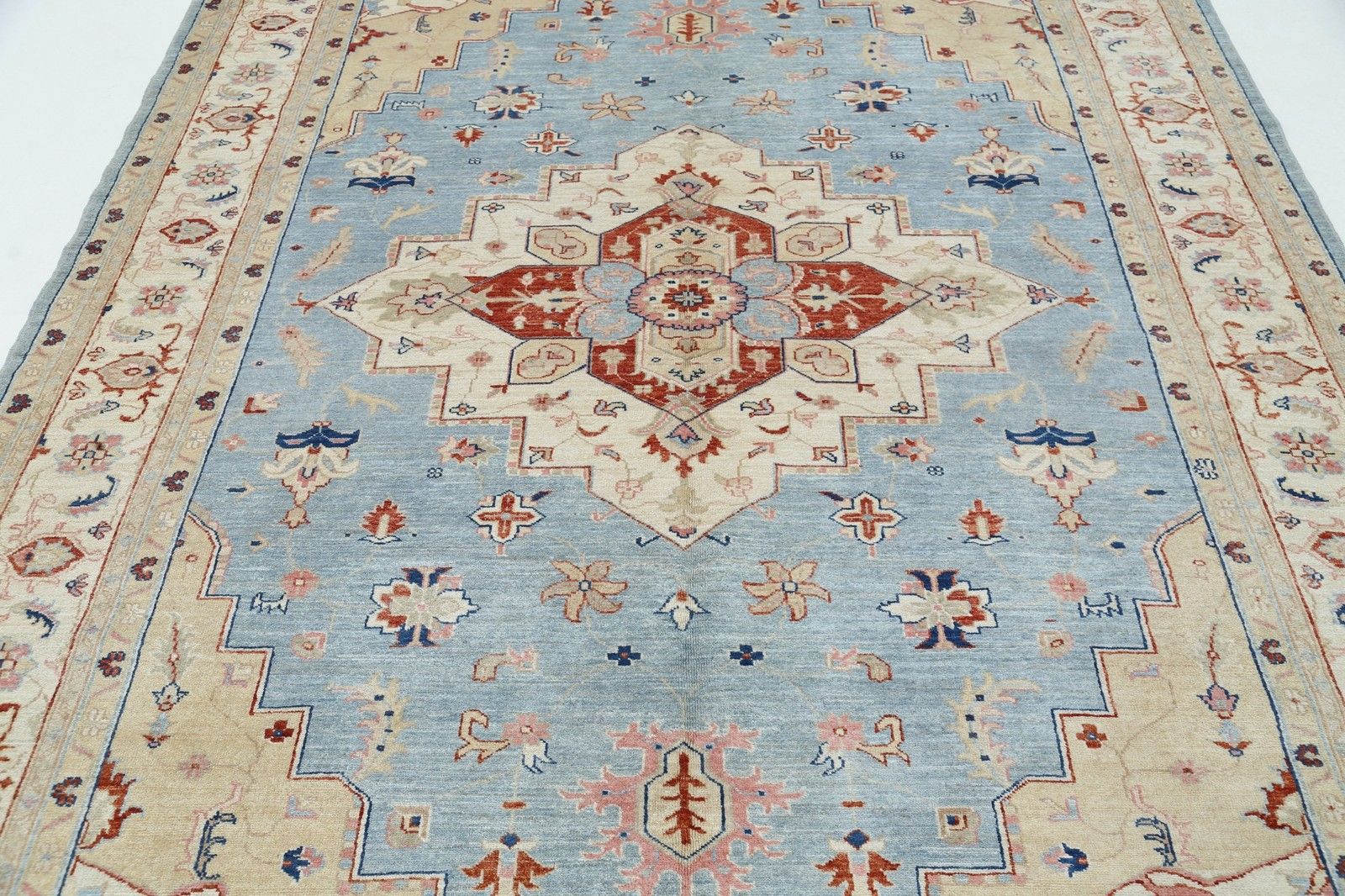 Grand tapis noué à la main bleu clair et ivoire, 7 x 10,2 ft - Tapis turc à motifs géométriques photo 3527.0