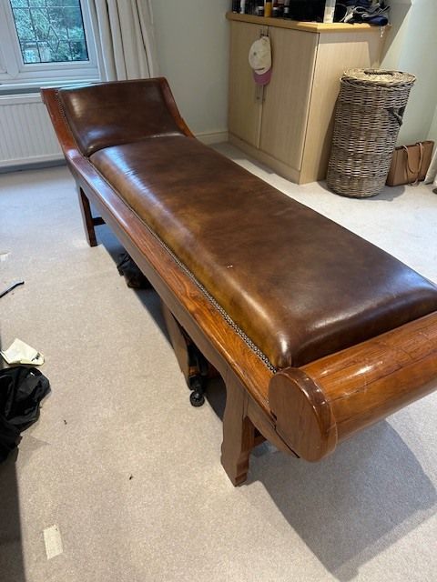 19th Century Brown Leather And Studded Hardwood Teak Chaise Long. Full Length And Very Substantial. A Beautiful Piece. photo Furniture