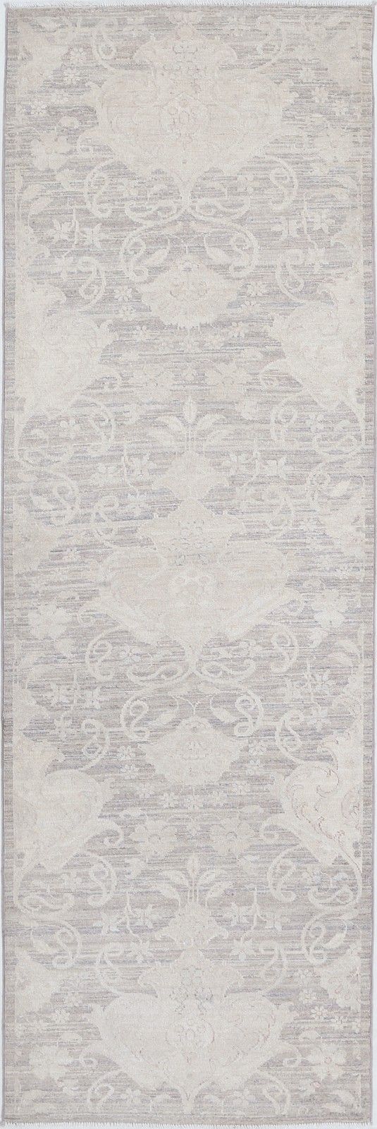 2.6x8 Ft Hand Knotted Beige Runner Rug. Floral Corridor Rug For Hallway, Kitchen