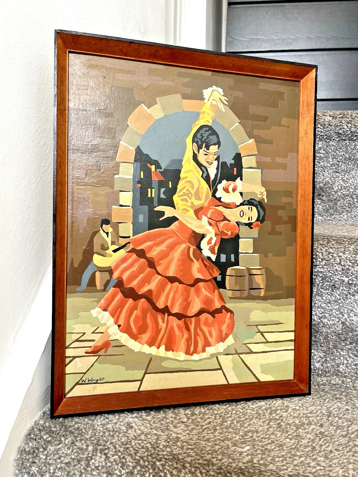 Original Vintage 1963 Spanish Flamenco Dancers Painting Mid Century Teak Frame photo vinterior
