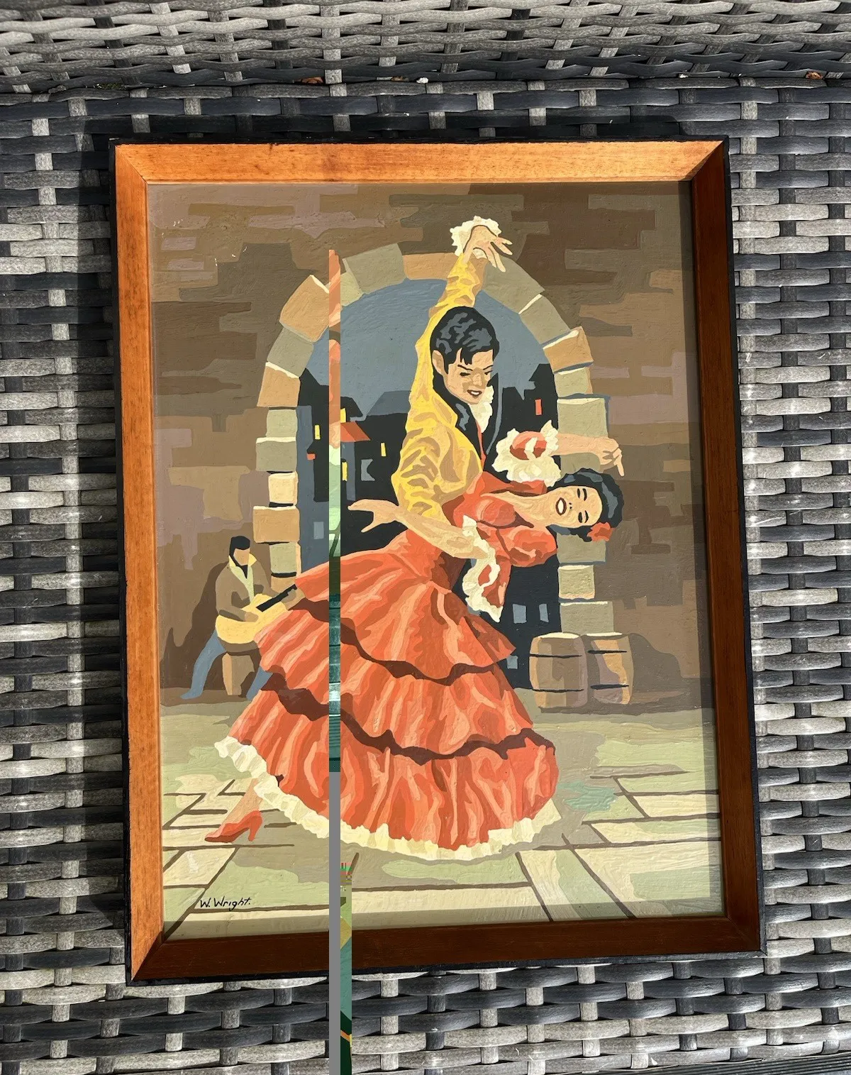 Original Vintage 1963 Spanish Flamenco Dancers Painting Mid Century Teak Frame photo buy