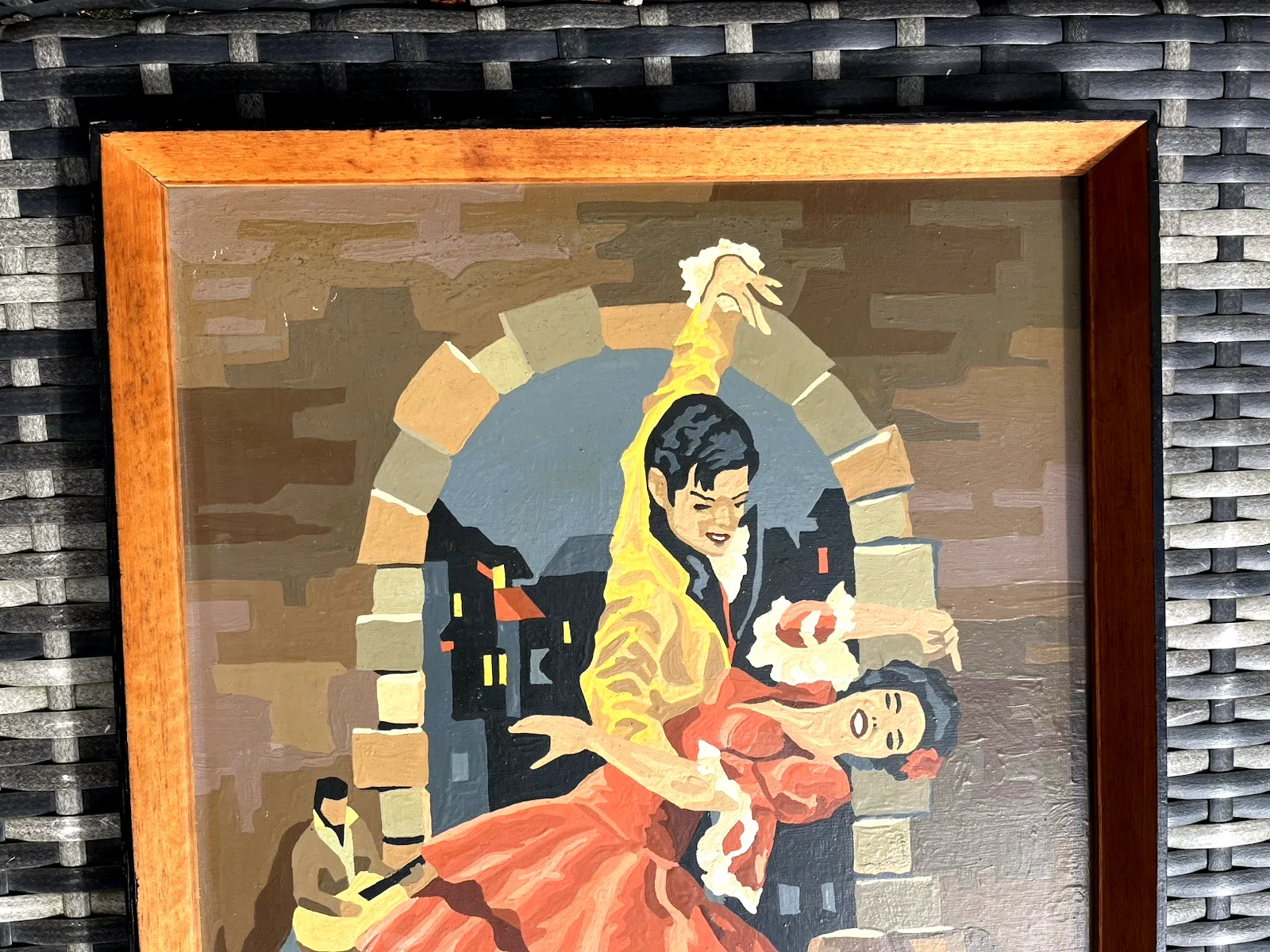 Original Vintage 1963 Spanish Flamenco Dancers Painting Mid Century Teak Frame photo vintage