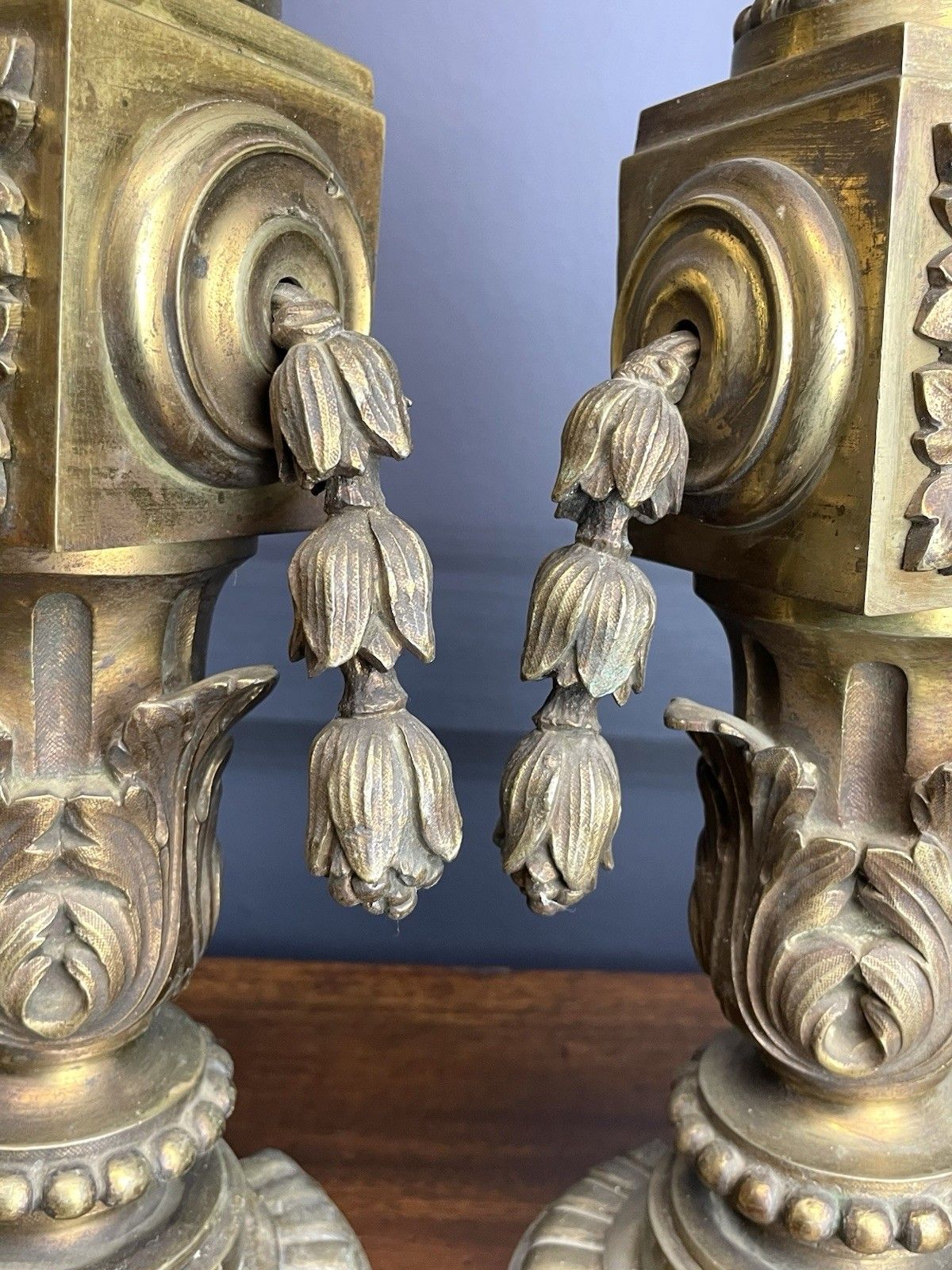 French Empire Brass Chenet Andirons Pair Decorative Ram Fire Dogs 19th Century photo vinterior