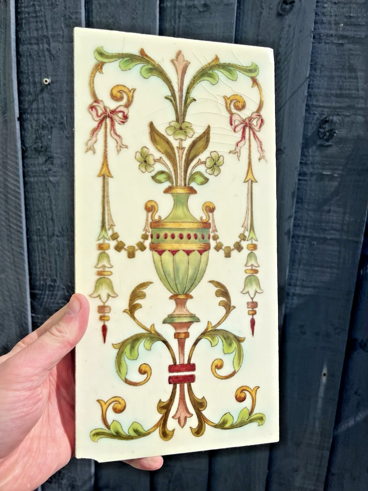 Rare Pair Of Antique English Sherwin & Cotton 12 X 6 Fireplace Tiles Regency Urn photo for sale