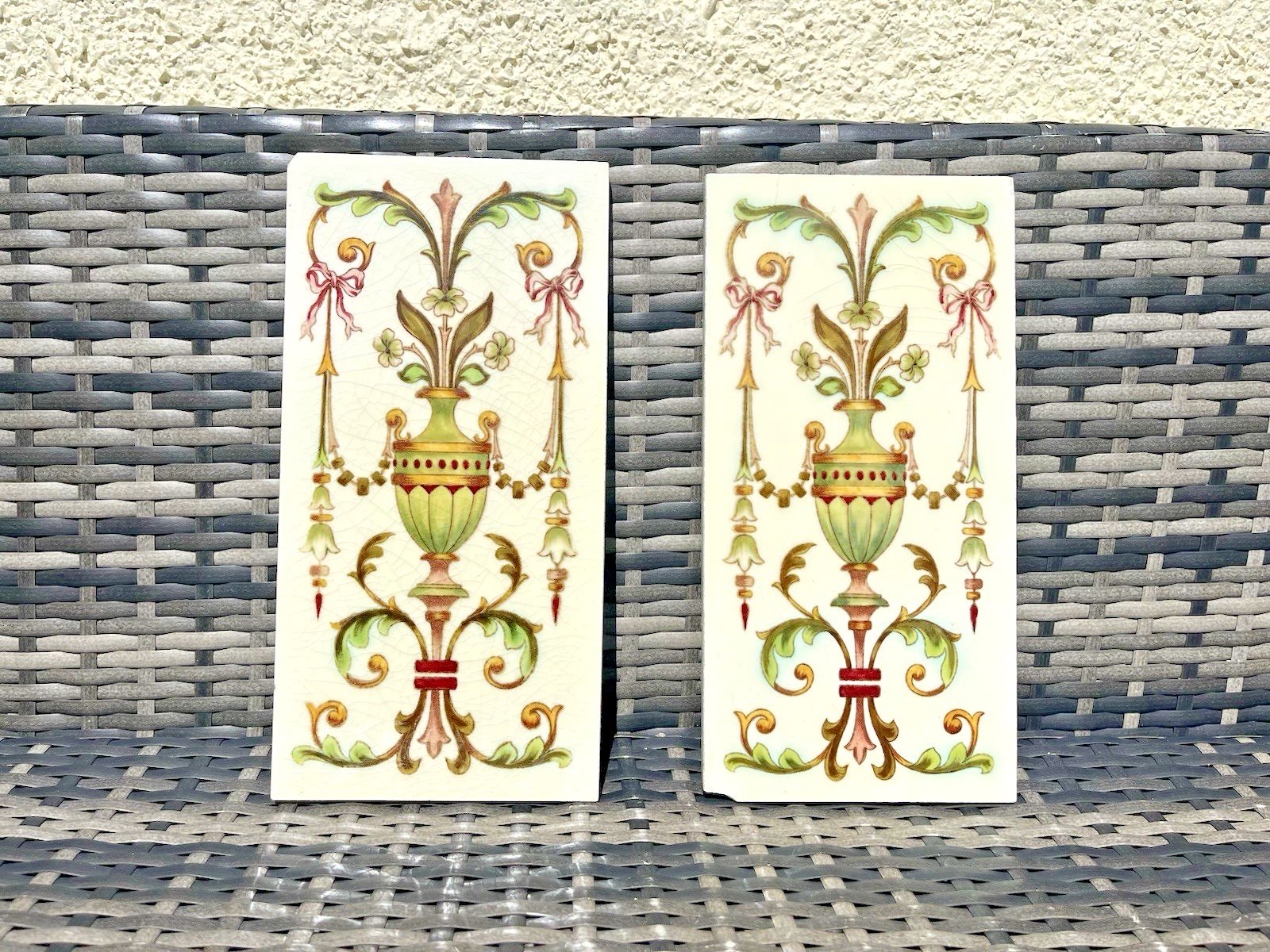 Rare Pair Of Antique English Sherwin & Cotton 12 X 6 Fireplace Tiles Regency Urn photo Home Fixtures