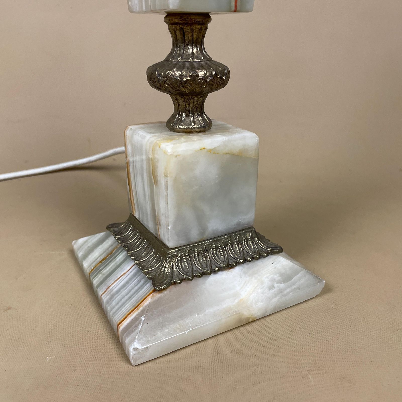 Green Onyx Marble Lamp Light Bedside Brass Gold Metal Ornate Square Base Marbled Pattern Heavy Classic Column Natural Stone Antique Vintage photo vinterior