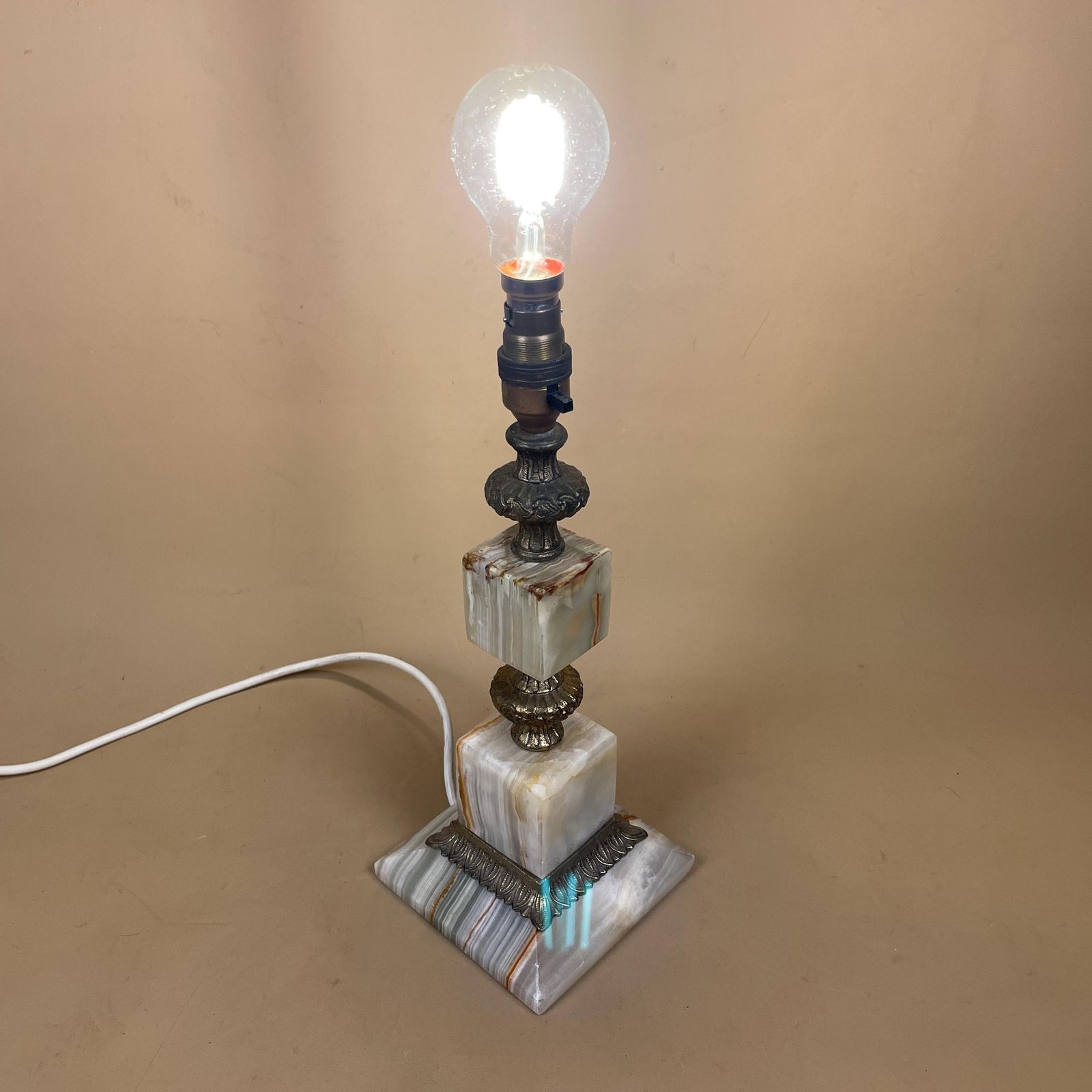 Lighting Green Onyx Marble Lamp Light Bedside Brass Gold Metal Ornate Square Base Marbled Pattern Heavy Classic Column Natural Stone Antique Vintage photo
