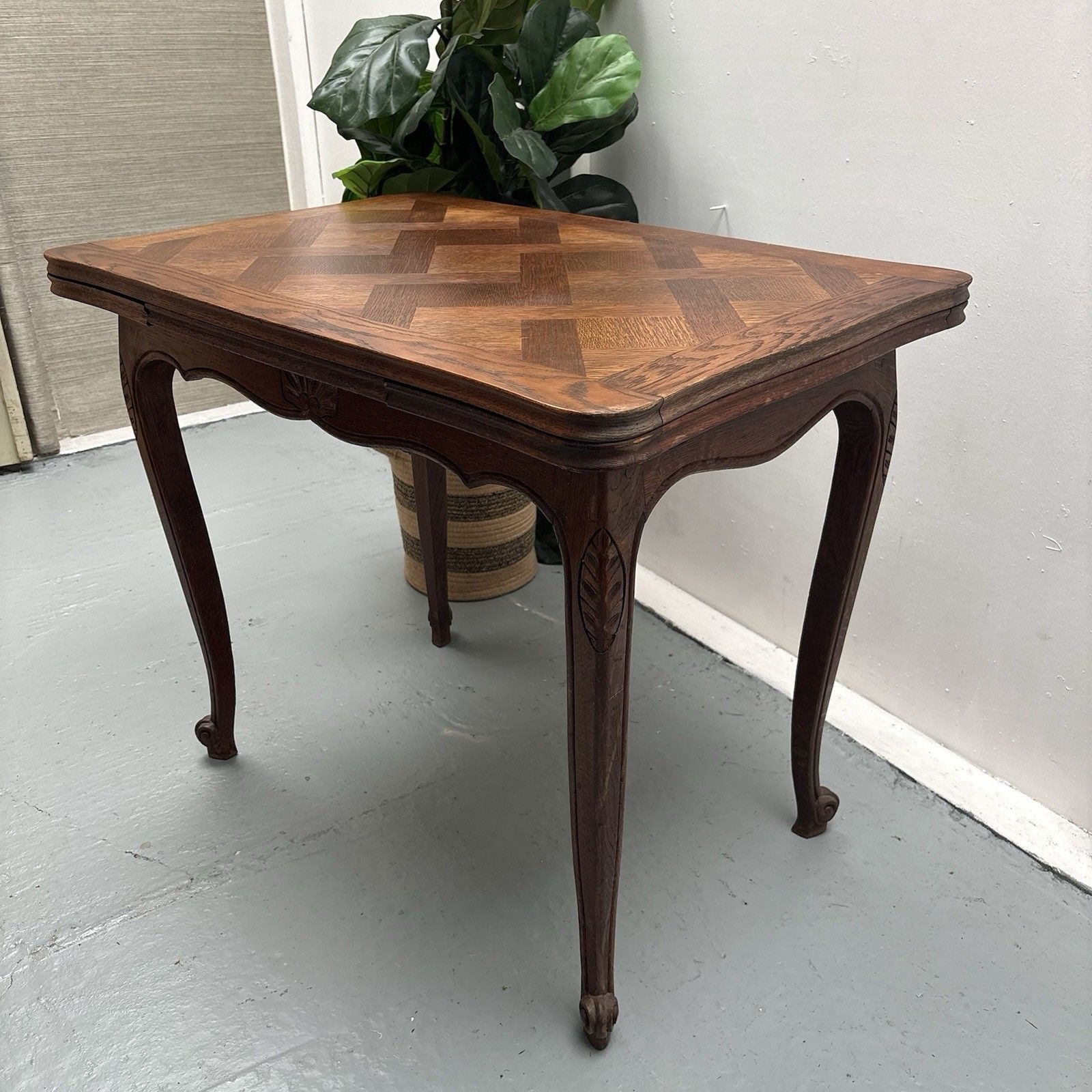 Vintage French Country Provincial Parquetry Extending Games Side Console Table