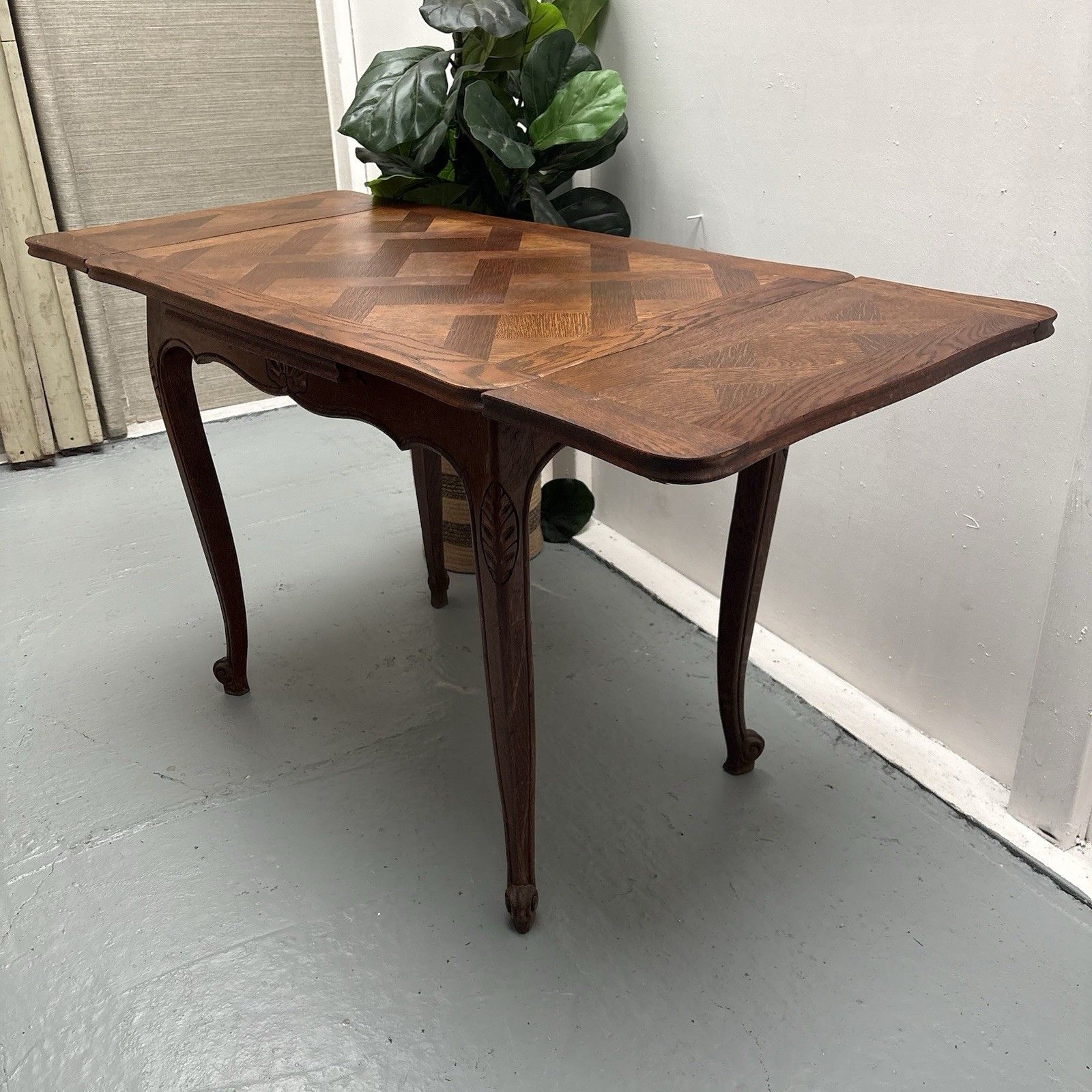 325.0 Vintage French Country Provincial Parquetry Extending Games Side Console Table photo