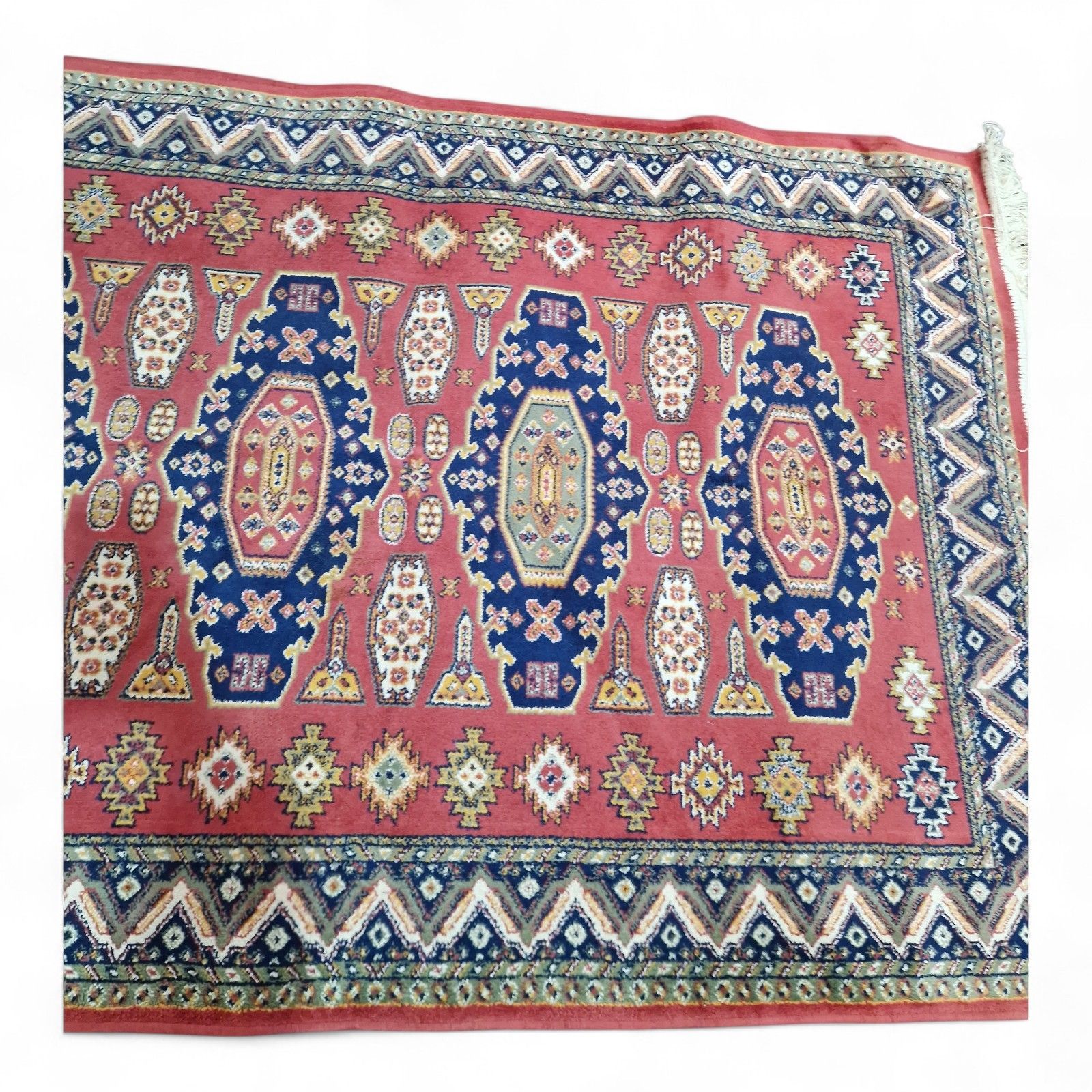 Textiles Traditional Geometric Rug Red Blue Tribal Style Fringed Wool Carpet 157cm photo